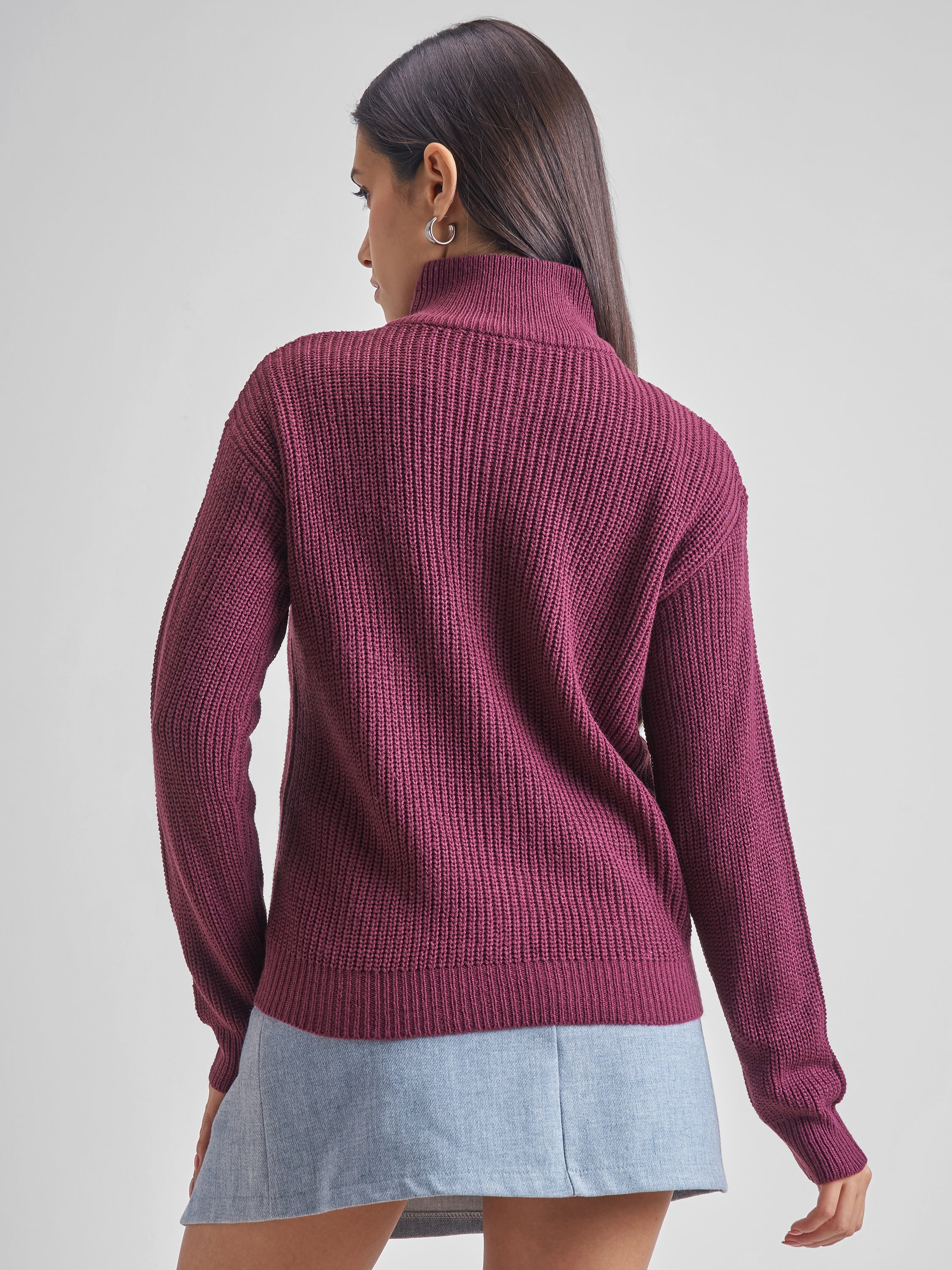 Tokyo Talkies Women Maroon High Neck Long Sleeve Sweater - Maroon - Image 3