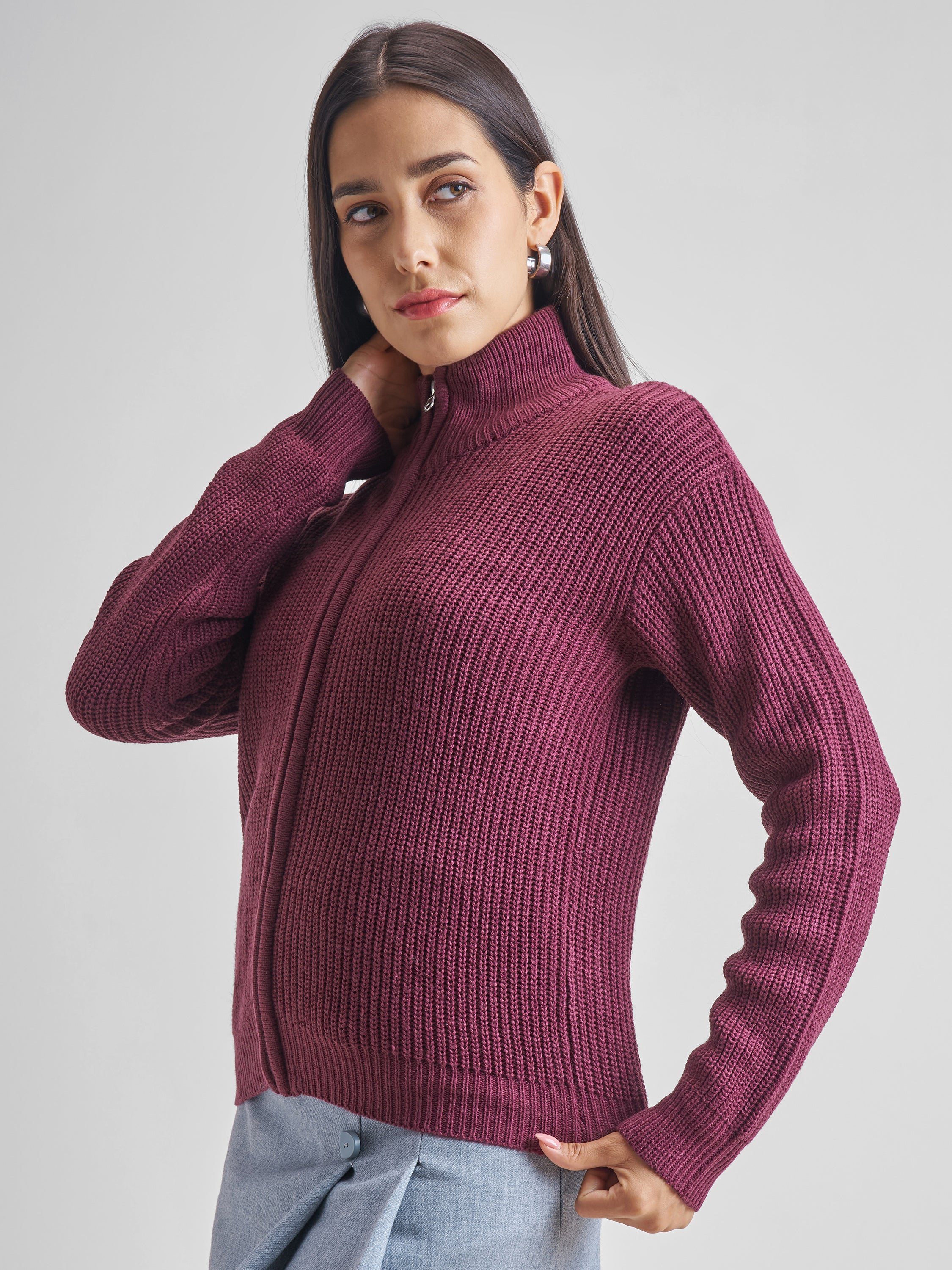 Tokyo Talkies Women Maroon High Neck Long Sleeve Sweater - Maroon - Image 4