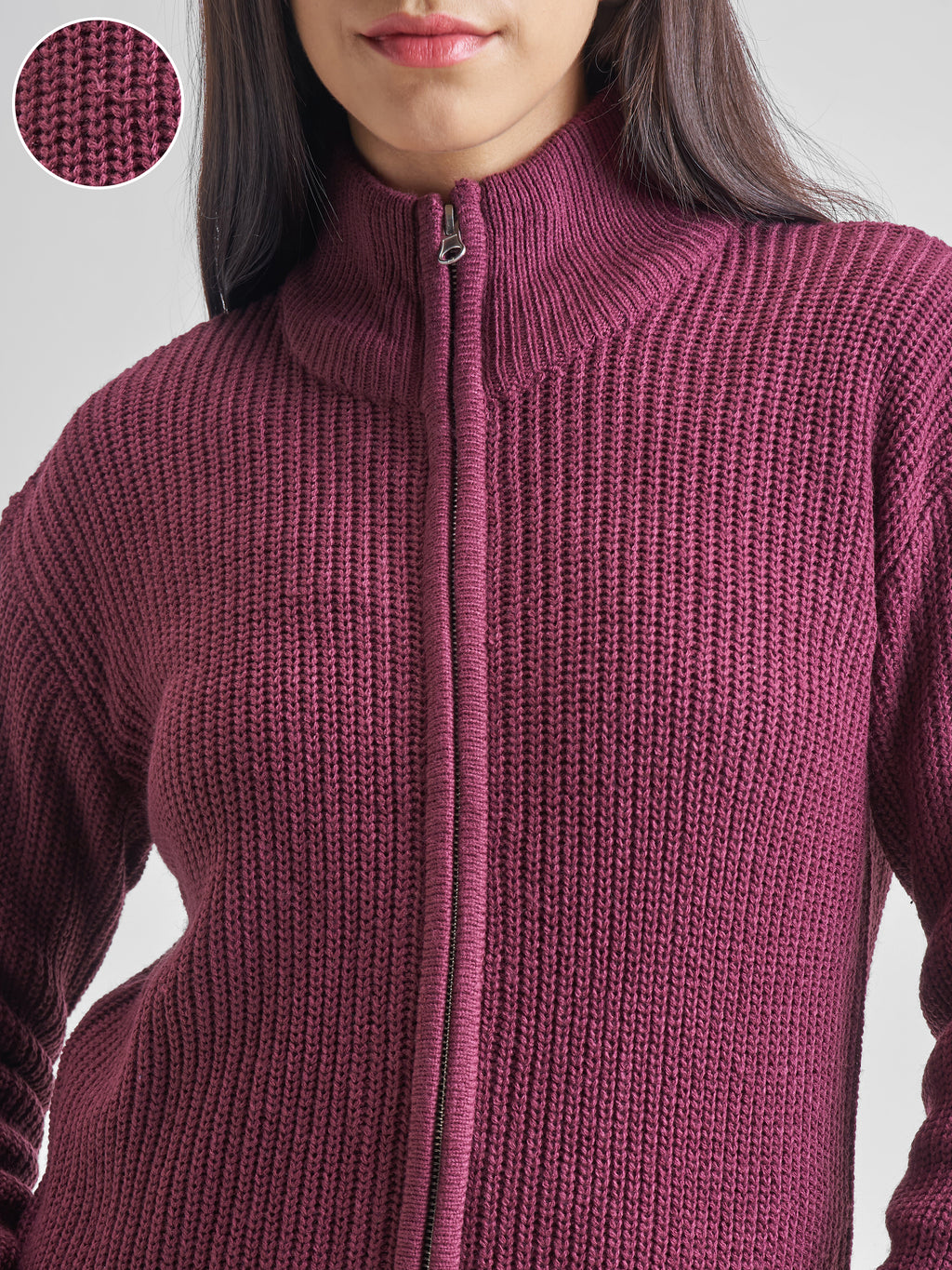 Tokyo Talkies Women Maroon High Neck Long Sleeve Sweater - Maroon - Image 5