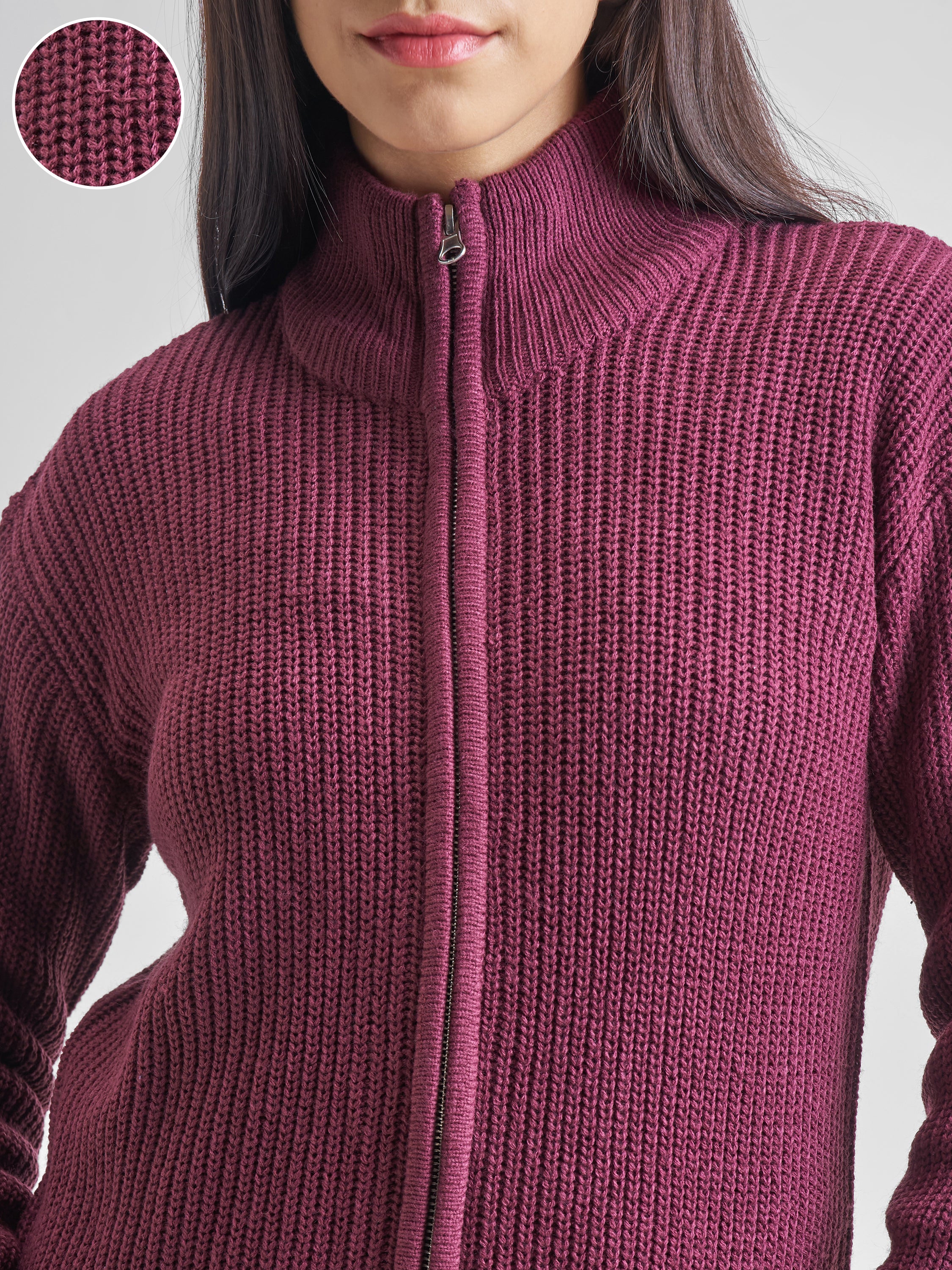 Tokyo Talkies Women Maroon High Neck Long Sleeve Sweater - Maroon - Image 5