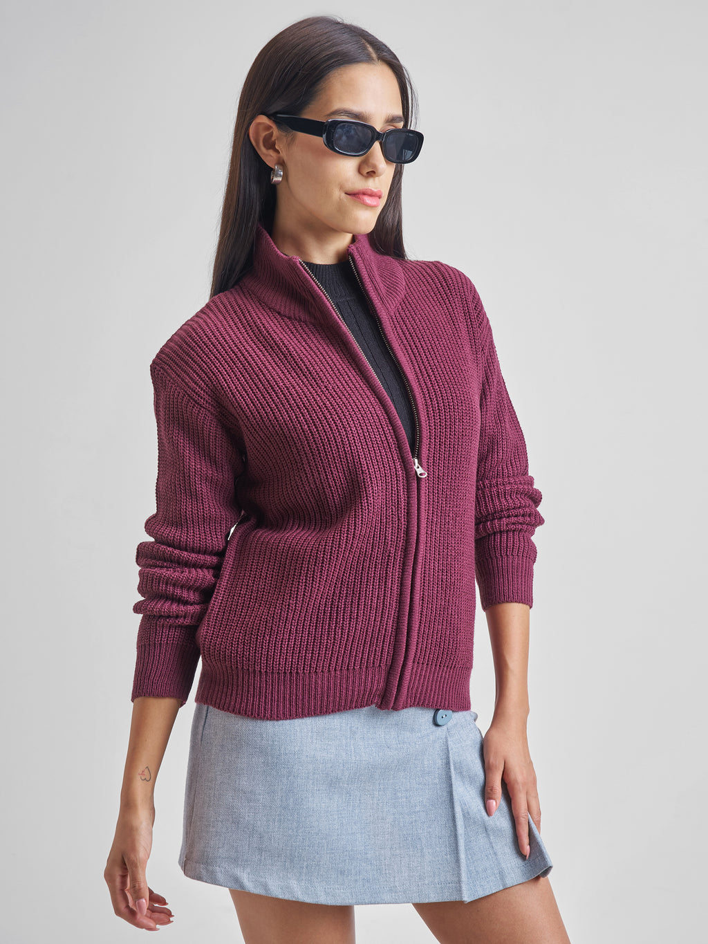 Tokyo Talkies Women Maroon High Neck Long Sleeve Sweater - Maroon - Image 6
