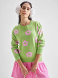 Tokyo Talkies Women Green Round Neck Long Sleeve Sweater - Green - Image 1