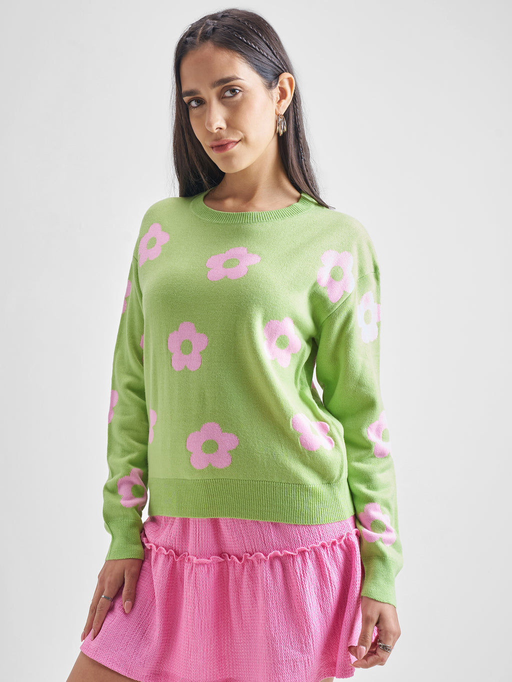 Tokyo Talkies Women Green Round Neck Long Sleeve Sweater - Green - Image 4