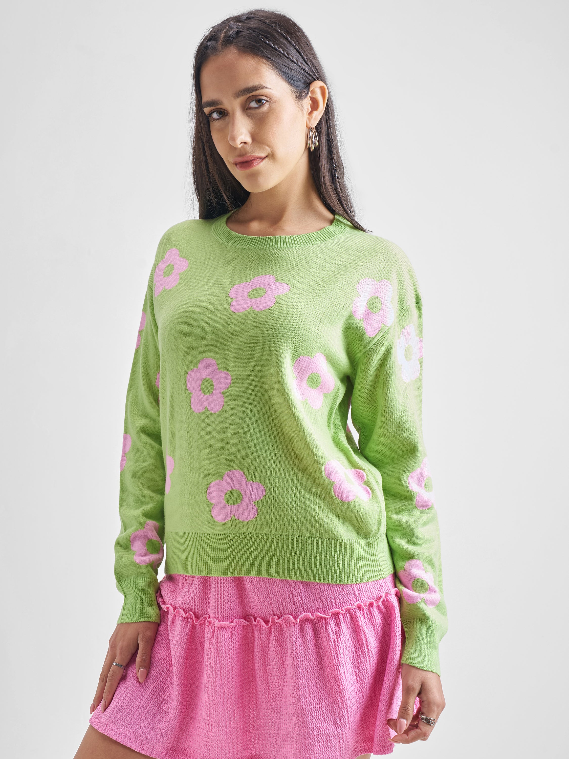 Tokyo Talkies Women Green Round Neck Long Sleeve Sweater - Green - Image 4
