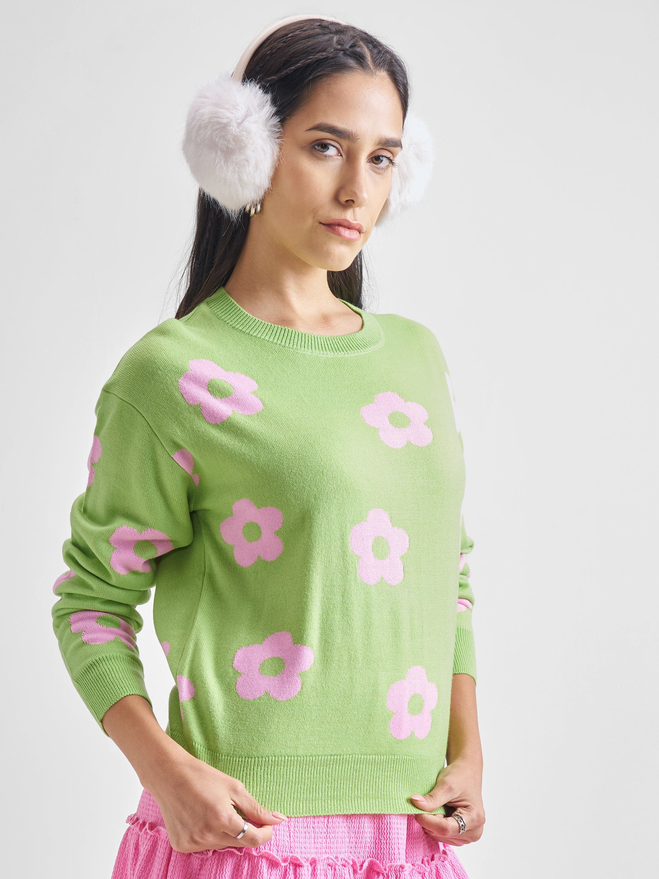 Tokyo Talkies Women Green Round Neck Long Sleeve Sweater - Green - Image 6