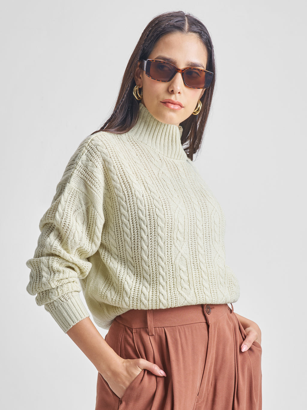 Tokyo Talkies Women Beige High Neck Long Sleeve Sweater - Beige - Image 1