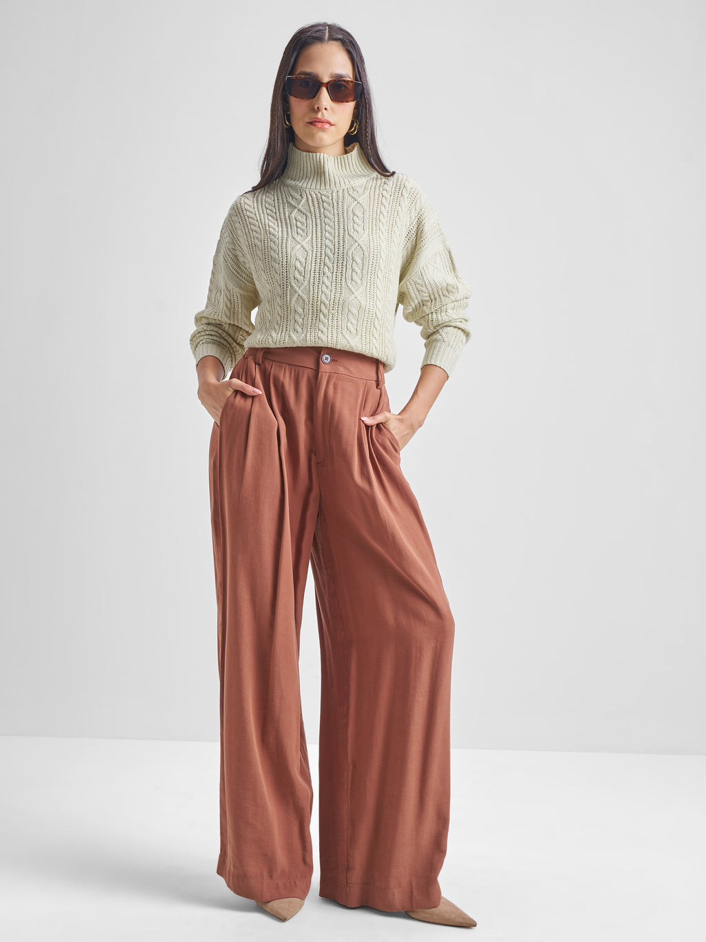 Tokyo Talkies Women Beige High Neck Long Sleeve Sweater - Beige - Image 2