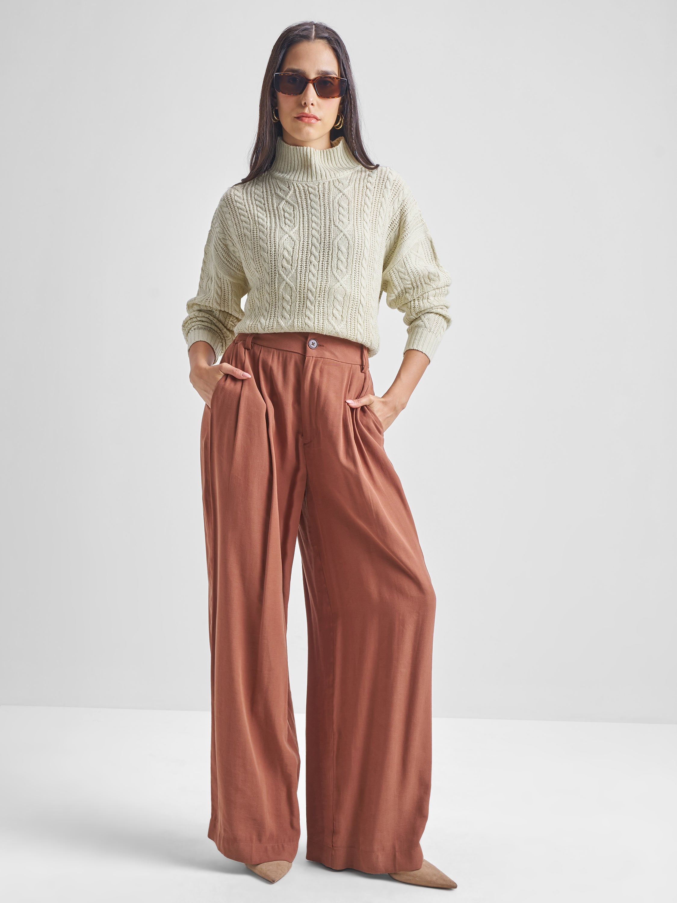 Tokyo Talkies Women Beige High Neck Long Sleeve Sweater - Beige - Image 2