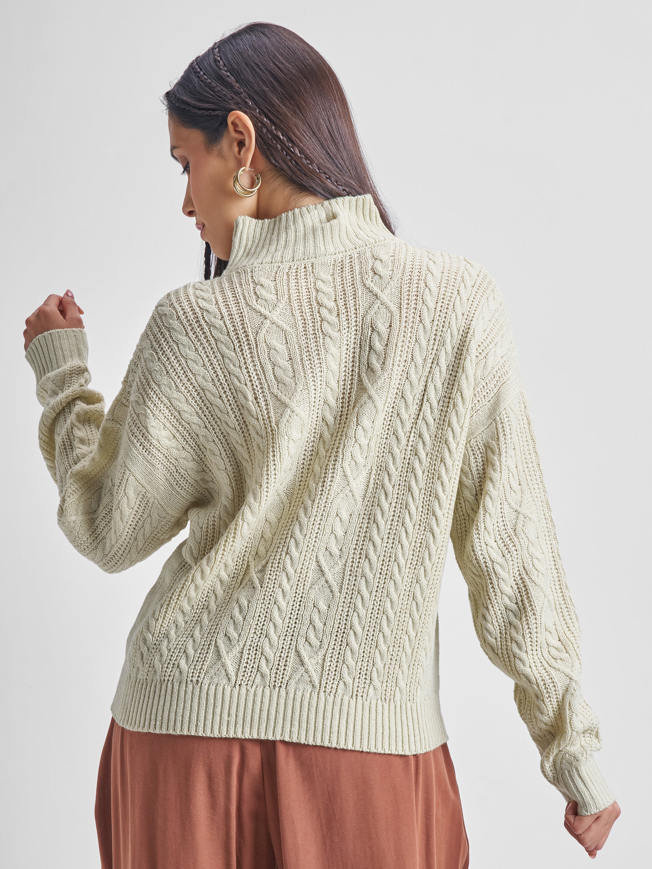 Tokyo Talkies Women Beige High Neck Long Sleeve Sweater - Beige - Image 3