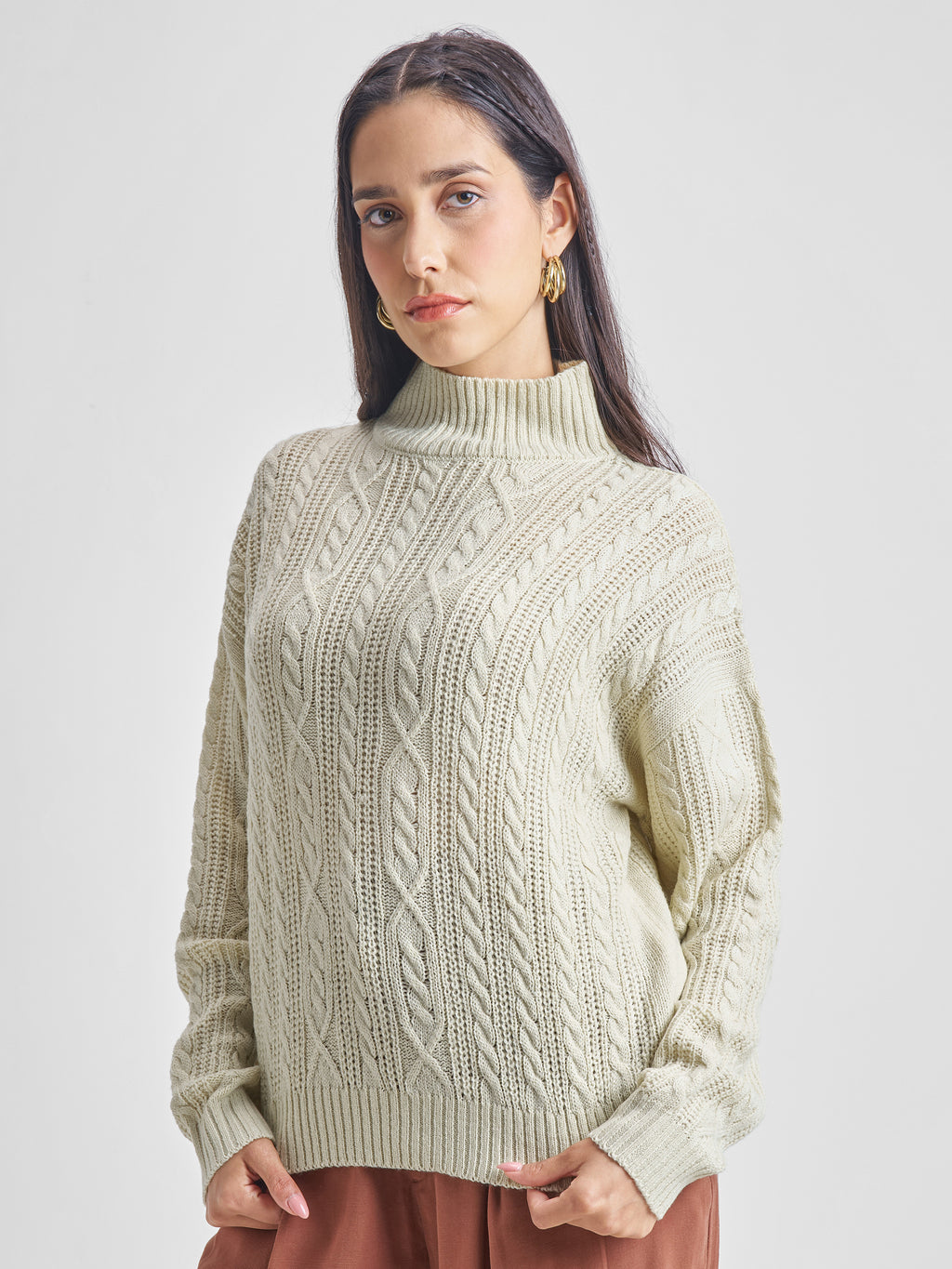Tokyo Talkies Women Beige High Neck Long Sleeve Sweater - Beige - Image 4
