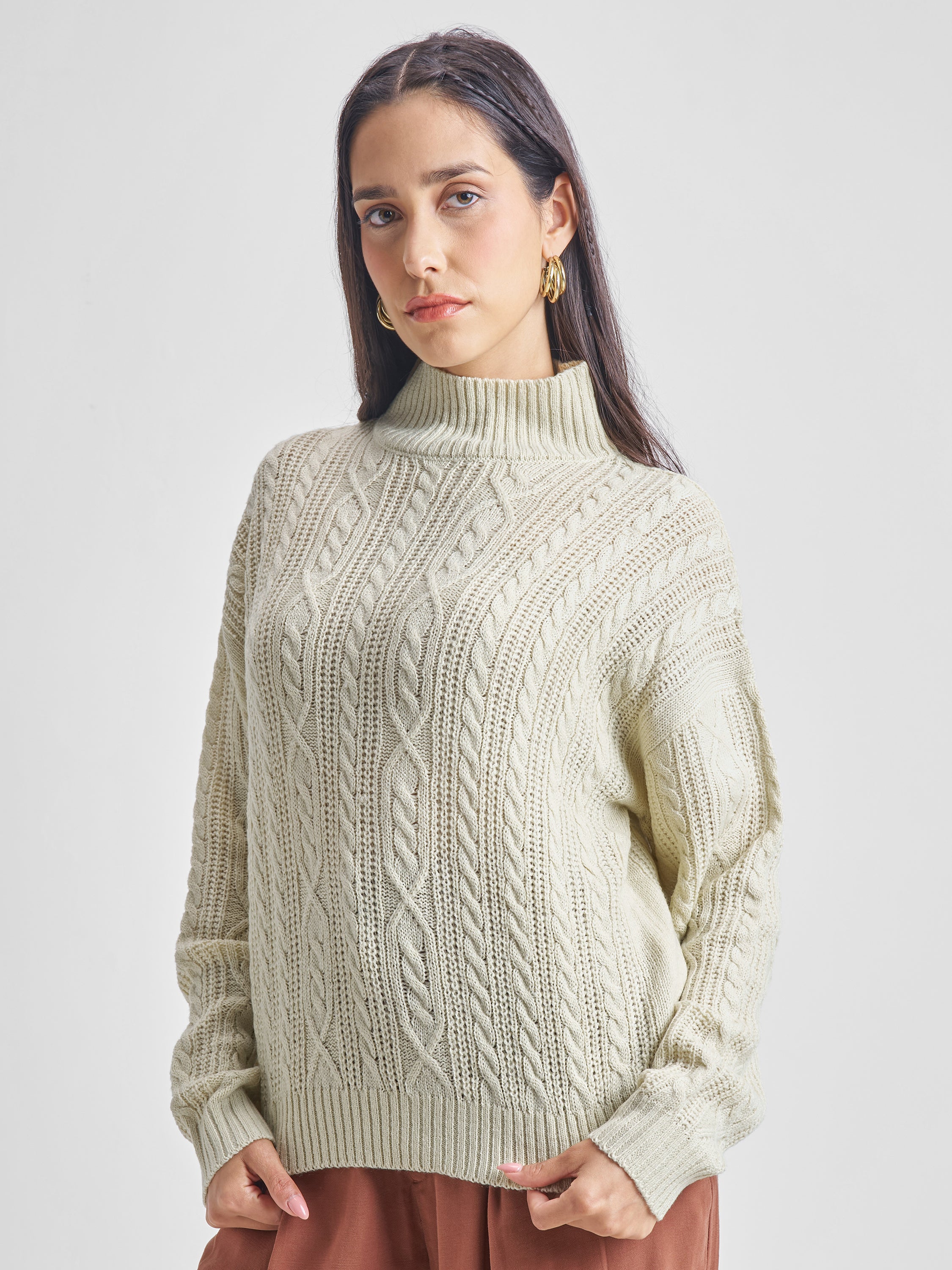 Tokyo Talkies Women Beige High Neck Long Sleeve Sweater - Beige - Image 4
