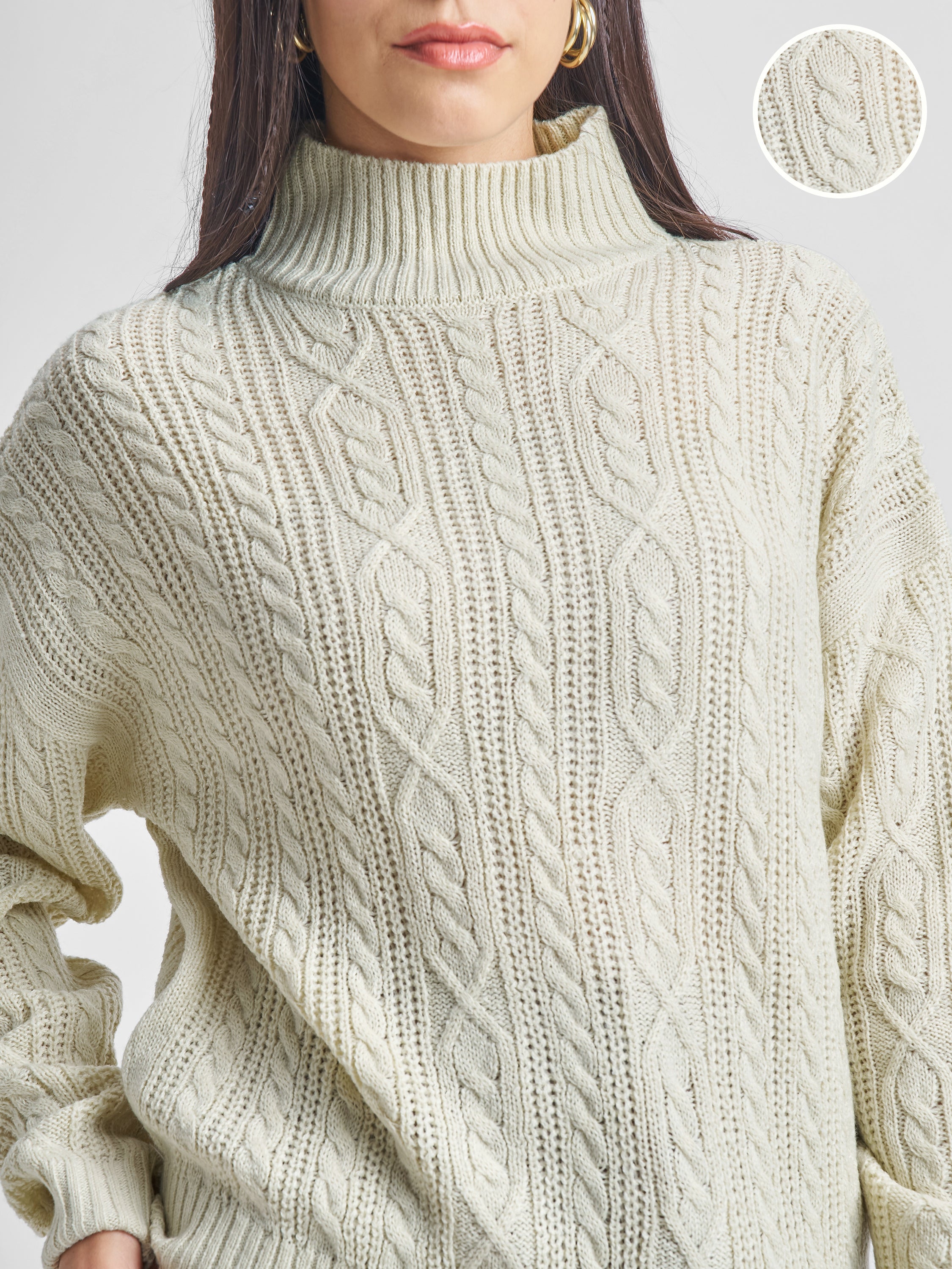 Tokyo Talkies Women Beige High Neck Long Sleeve Sweater - Beige - Image 5