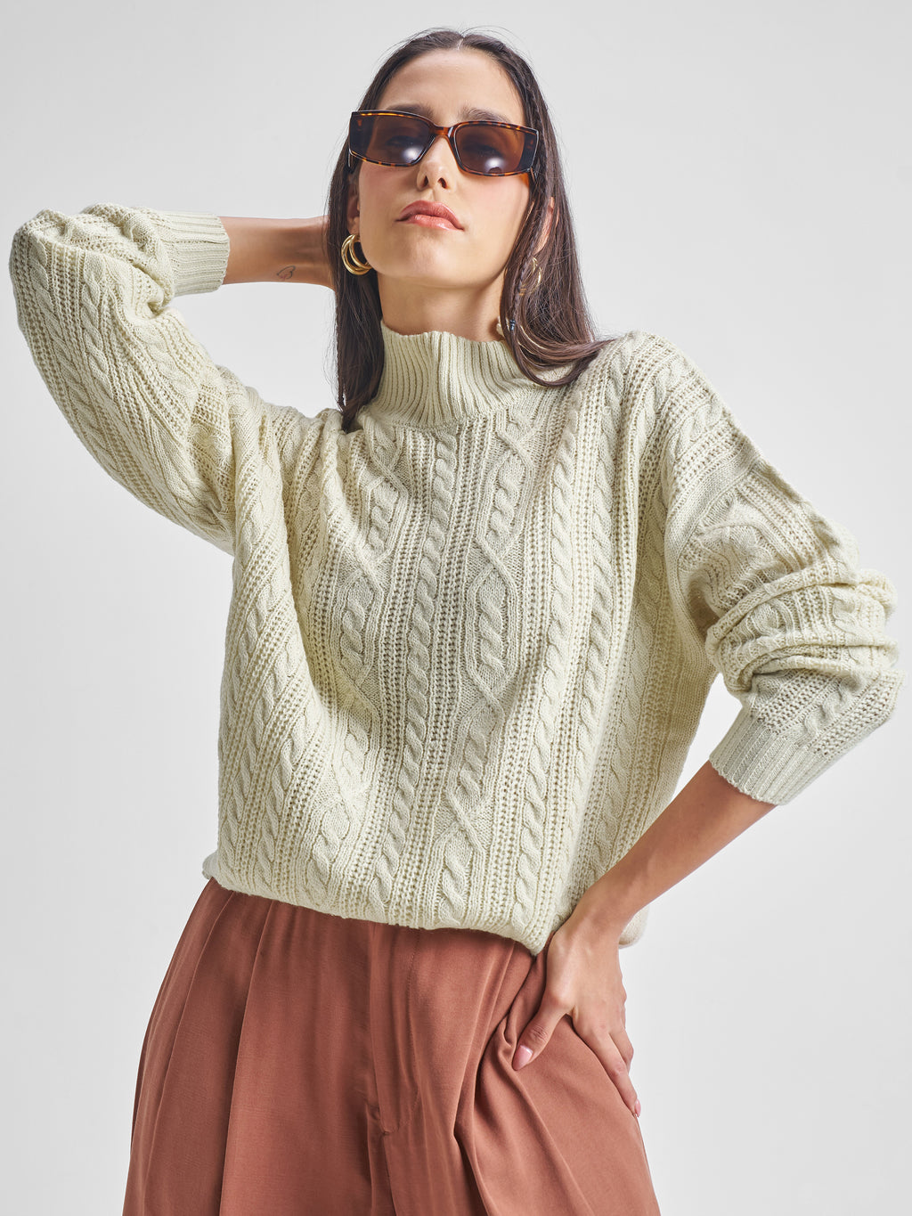 Tokyo Talkies Women Beige High Neck Long Sleeve Sweater - Beige - Image 6
