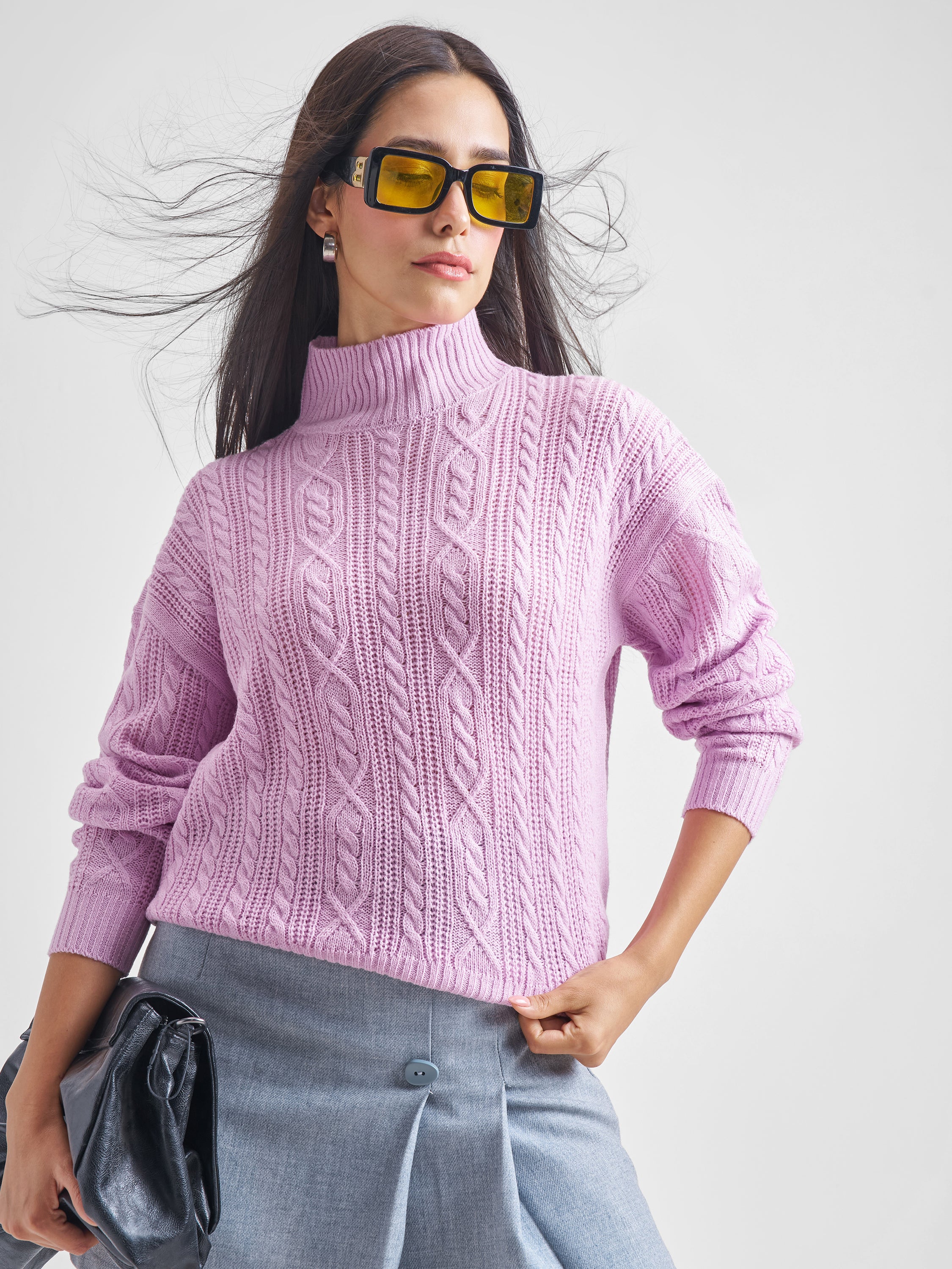 Tokyo Talkies Women Pink High Neck Long Sleeve Sweater - Pink - Image 1