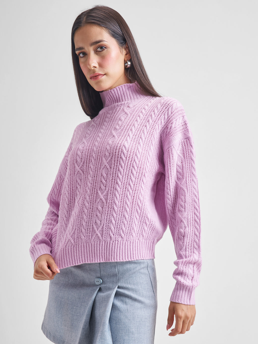 Tokyo Talkies Women Pink High Neck Long Sleeve Sweater - Pink - Image 4