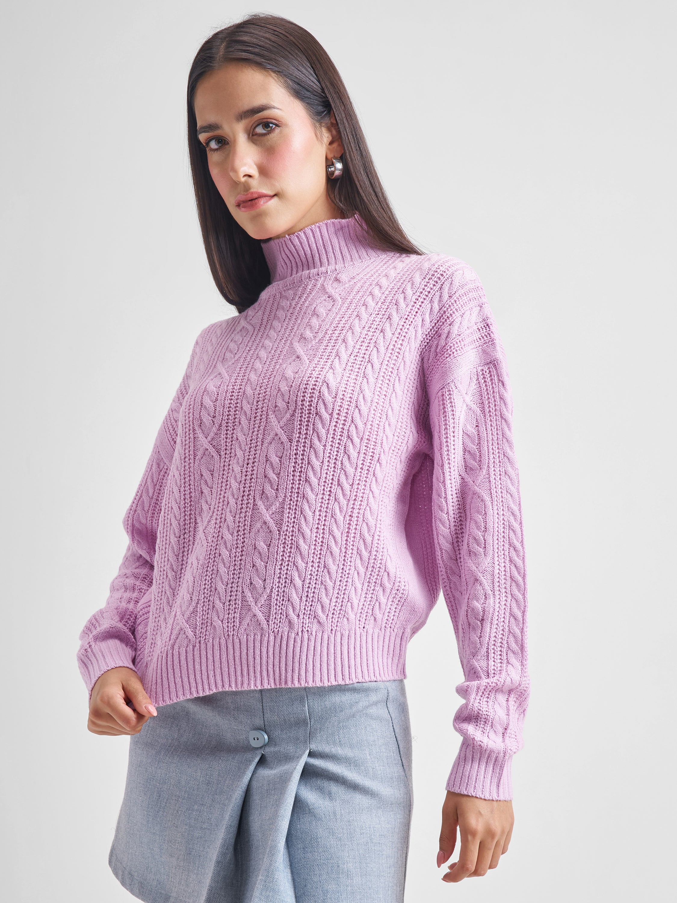 Tokyo Talkies Women Pink High Neck Long Sleeve Sweater - Pink - Image 4