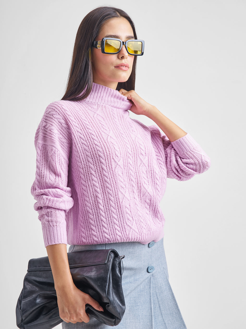 Tokyo Talkies Women Pink High Neck Long Sleeve Sweater - Pink - Image 6