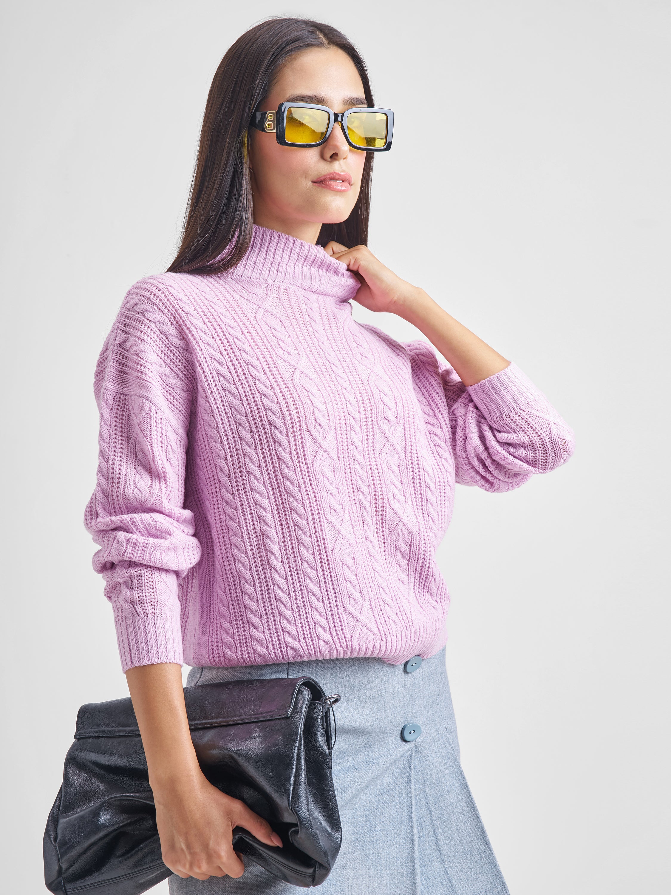 Tokyo Talkies Women Pink High Neck Long Sleeve Sweater - Pink - Image 6