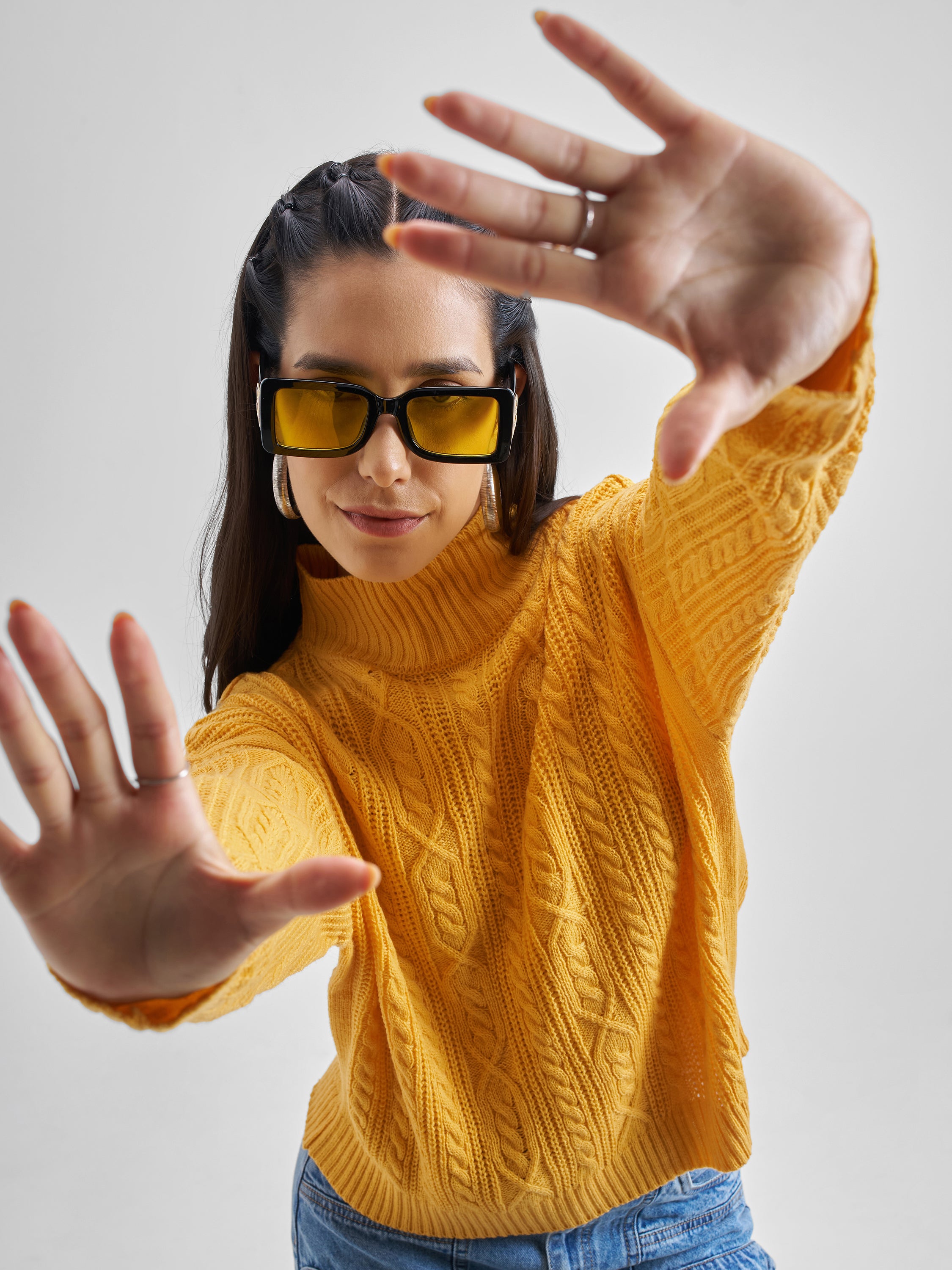 Tokyo Talkies Women Mustard Round Neck Solid Sweater - Mustard - Image 1