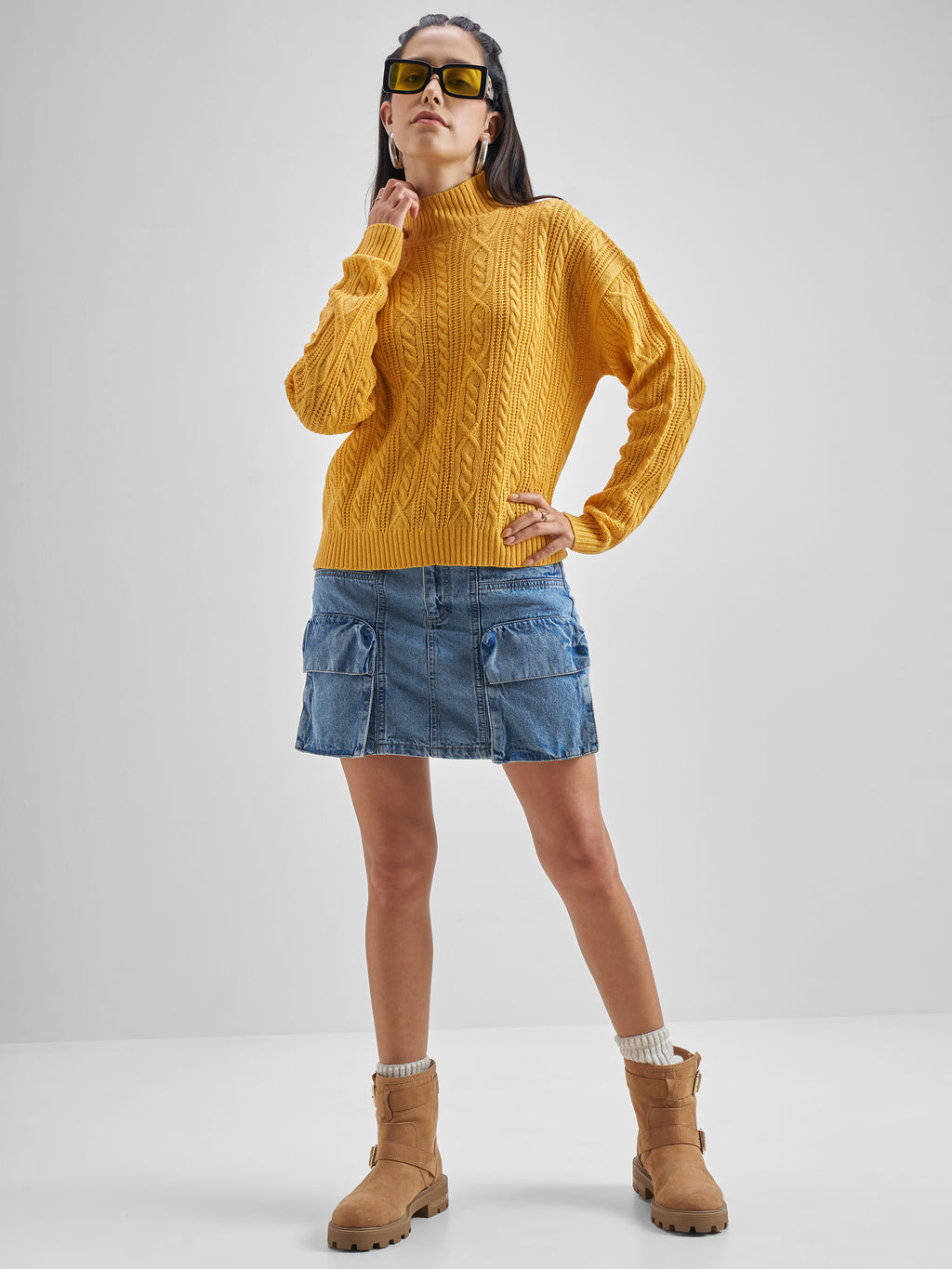 Tokyo Talkies Women Mustard Round Neck Solid Sweater - Mustard - Image 2