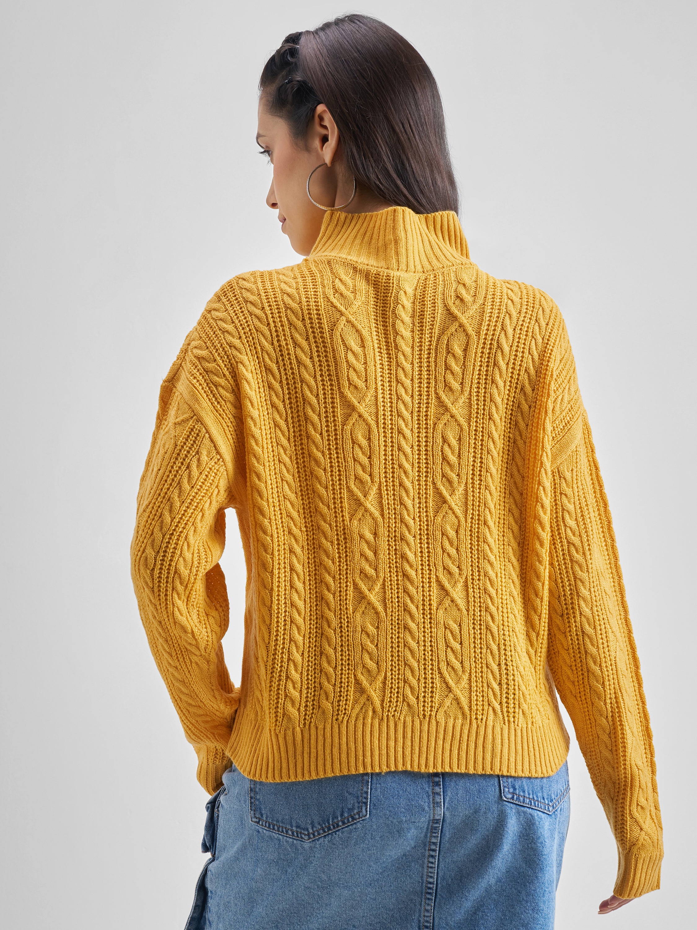 Tokyo Talkies Women Mustard Round Neck Solid Sweater - Mustard - Image 3