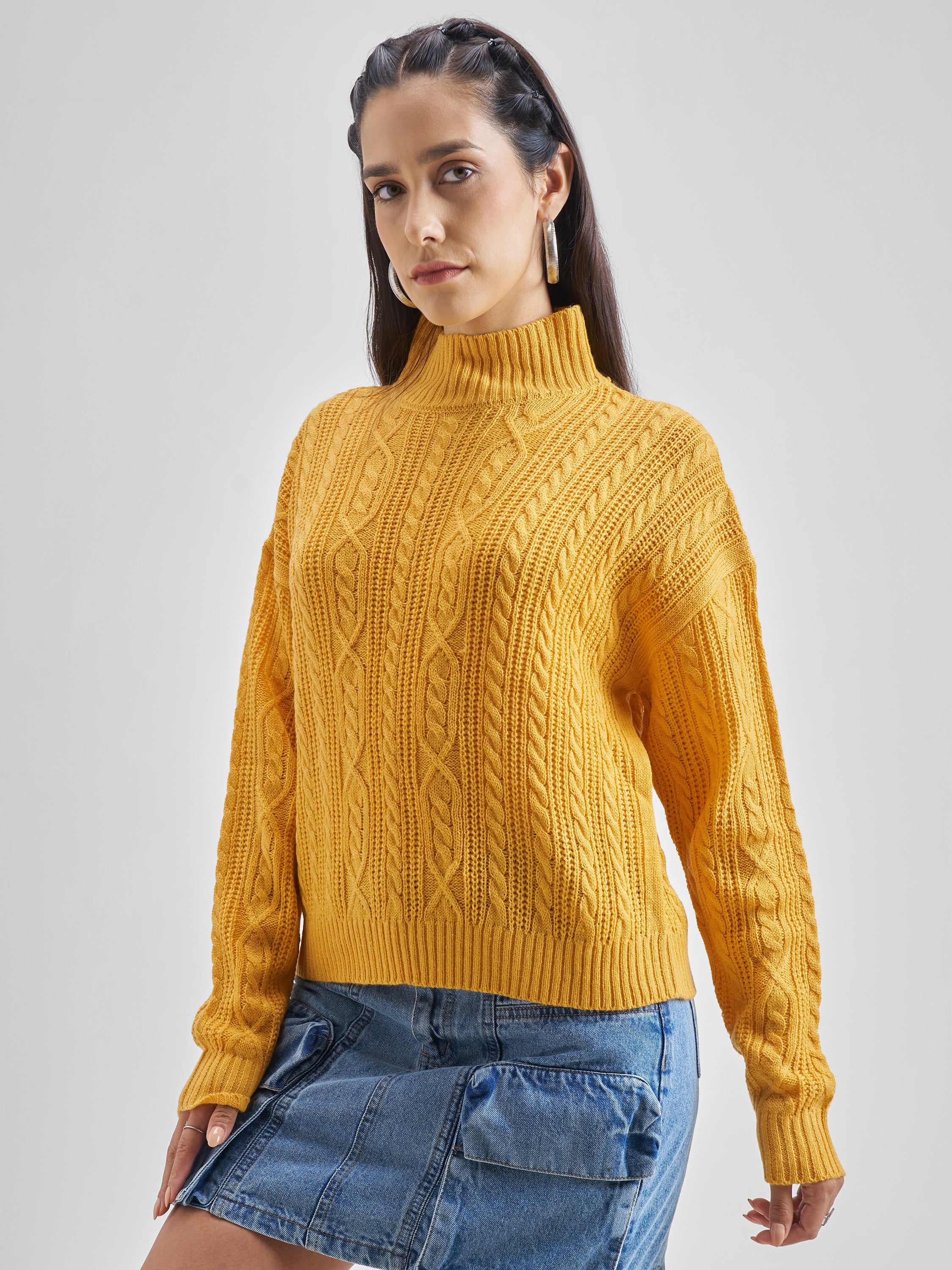 Tokyo Talkies Women Mustard Round Neck Solid Sweater - Mustard - Image 4