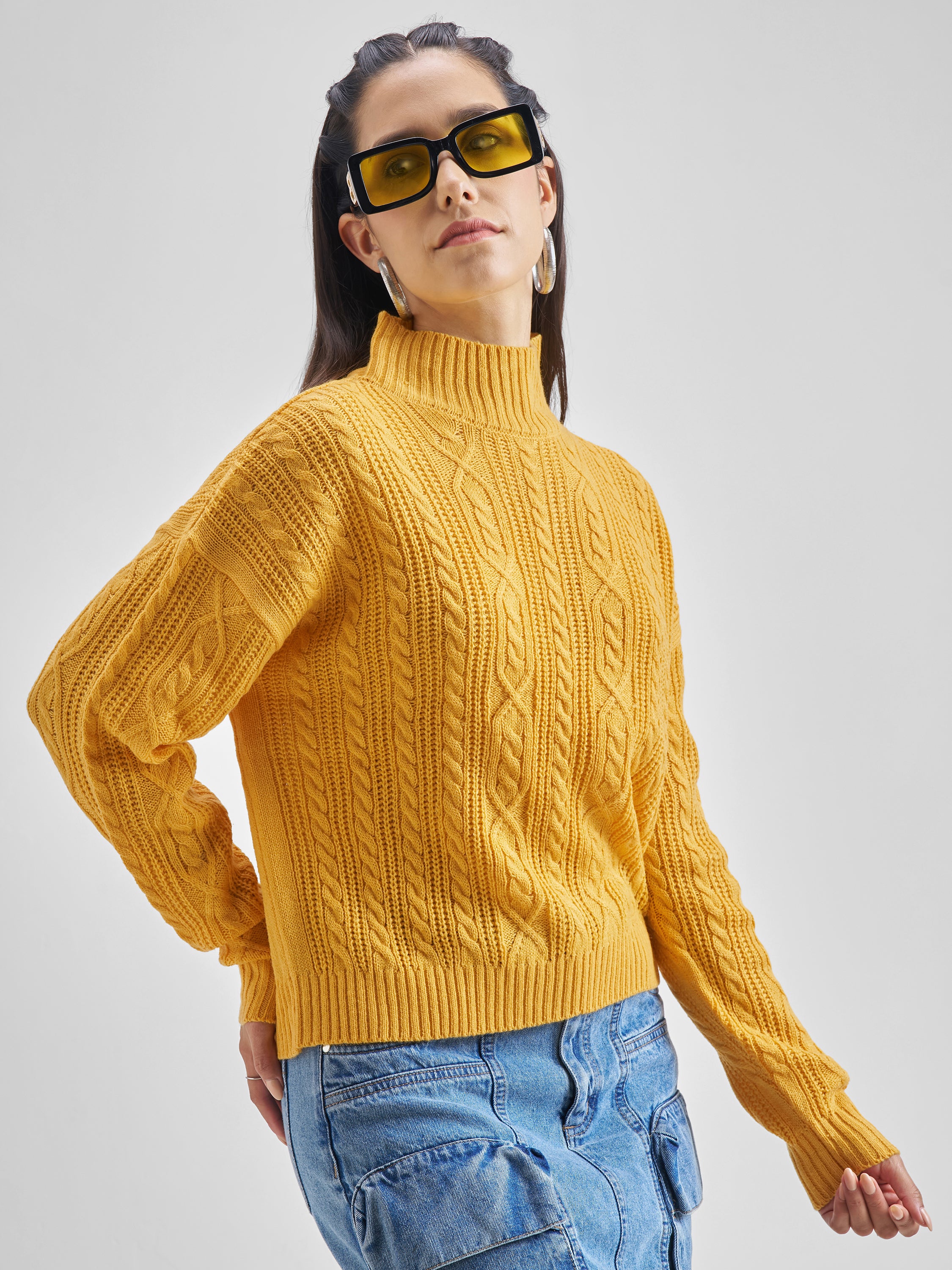 Tokyo Talkies Women Mustard Round Neck Solid Sweater - Mustard - Image 6