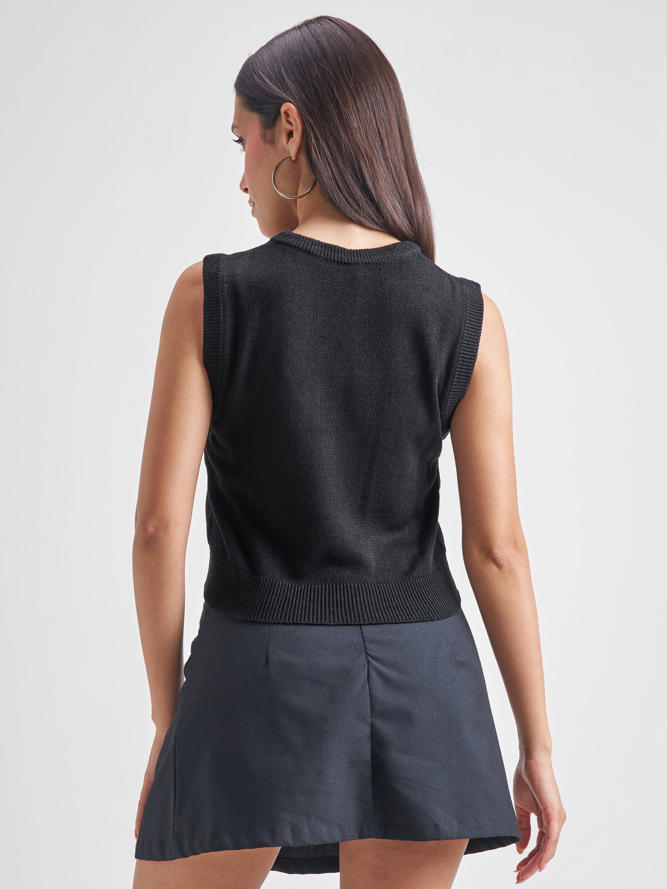 Tokyo Talkies Women Black Round Neck Long Sleeve Sweater - Black - Image 3