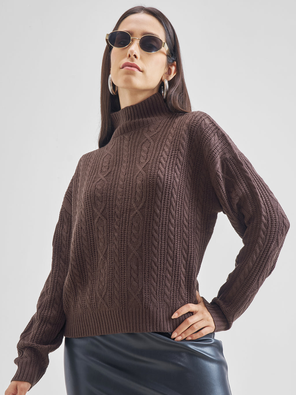 Tokyo Talkies Womens High Neck Long Sleeve Sweater - Brown - Image 1