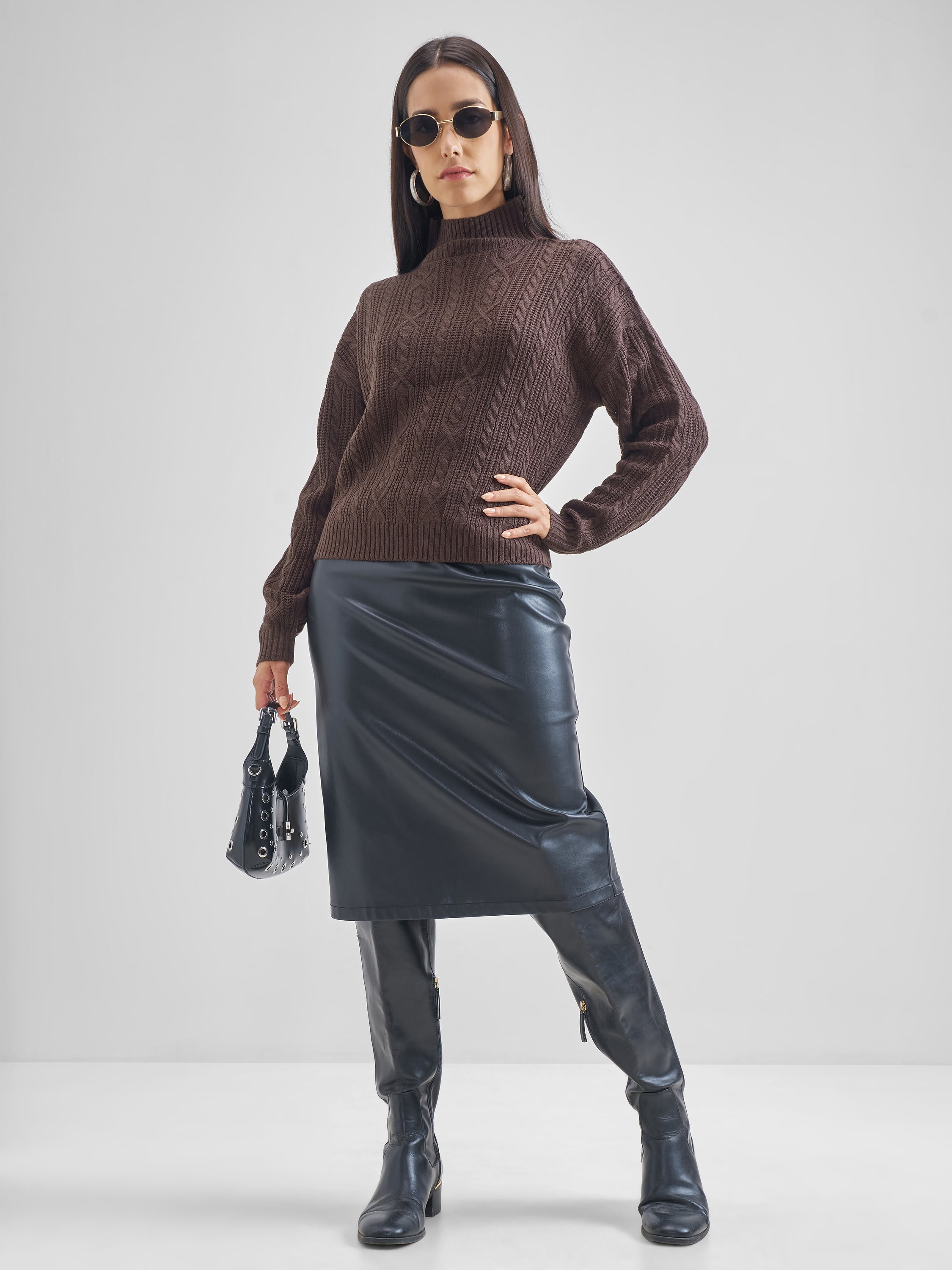 Tokyo Talkies Womens High Neck Long Sleeve Sweater - Brown - Image 2