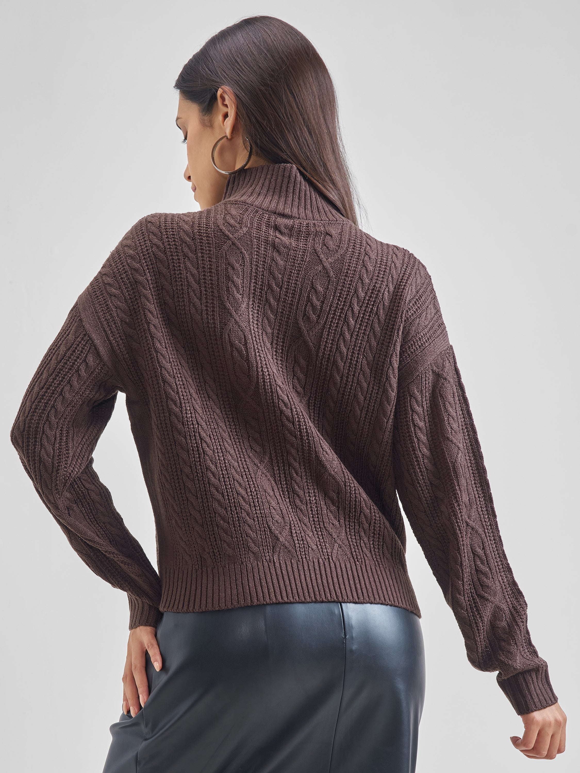 Tokyo Talkies Womens High Neck Long Sleeve Sweater - Brown - Image 3