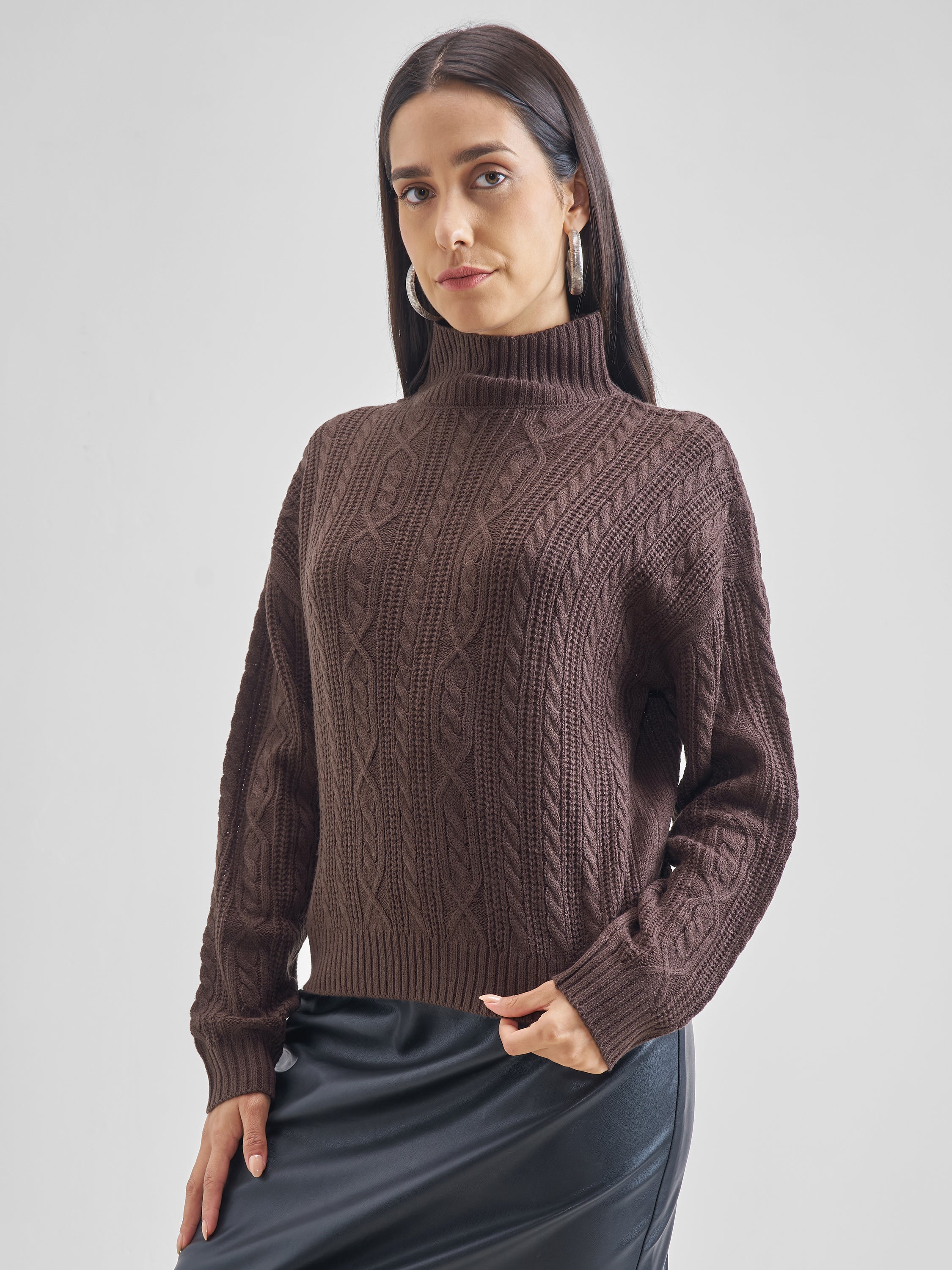 Tokyo Talkies Womens High Neck Long Sleeve Sweater - Brown - Image 4