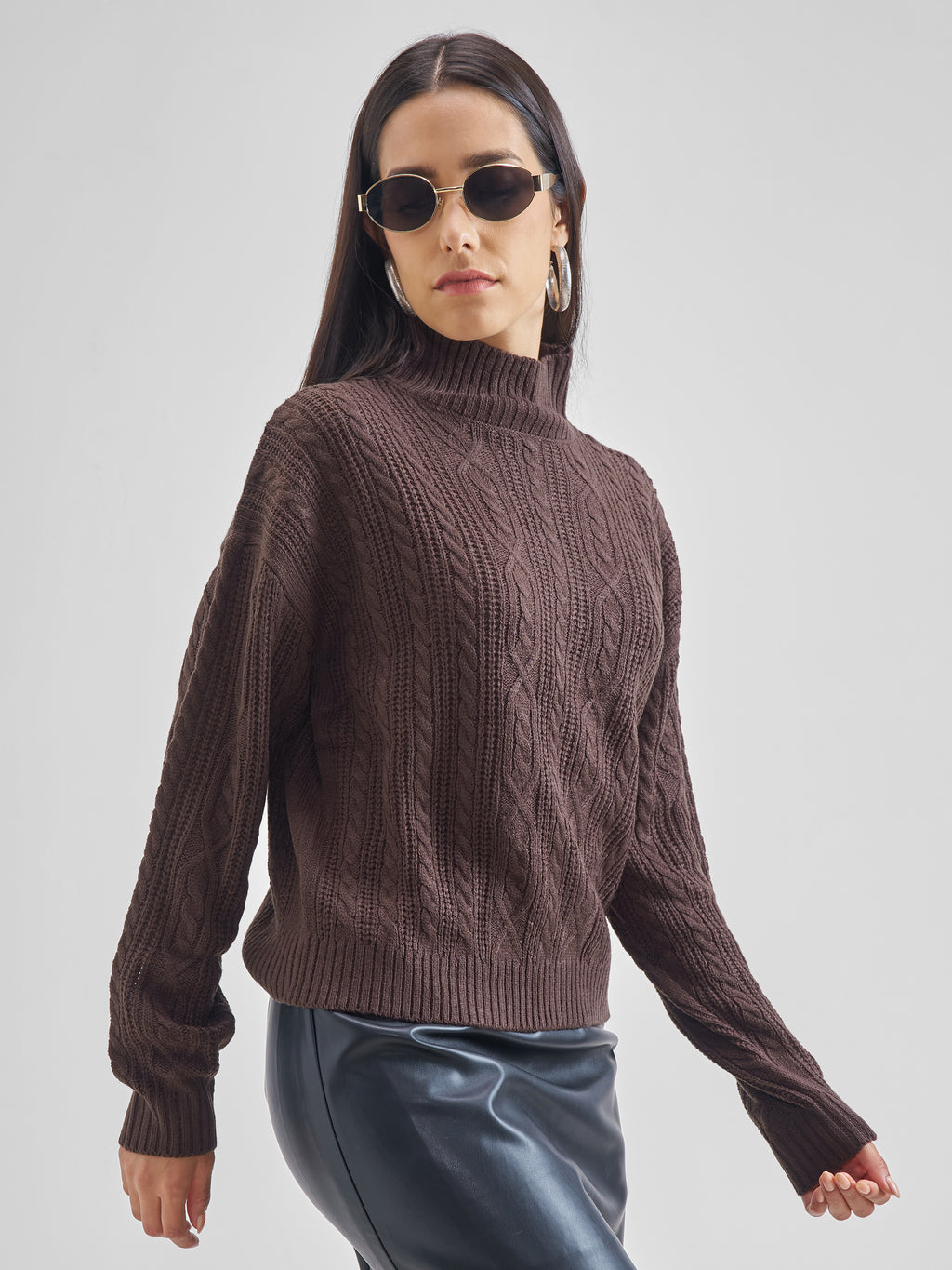 Tokyo Talkies Womens High Neck Long Sleeve Sweater - Brown - Image 6