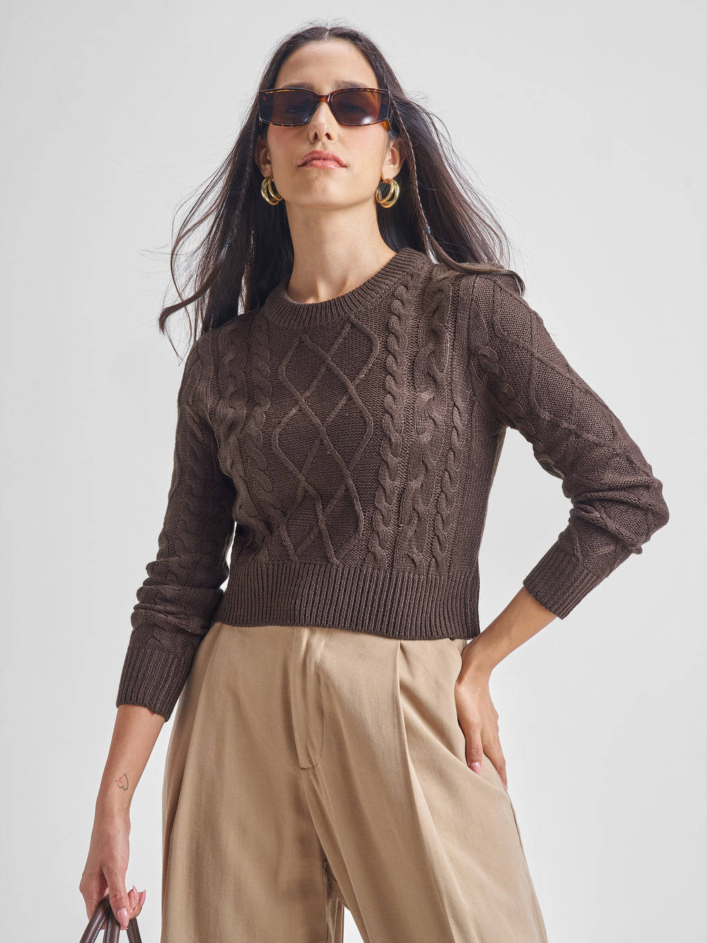 Tokyo Talkies Women Brown Round Neck Cropped Sweater - Brown - Image 1