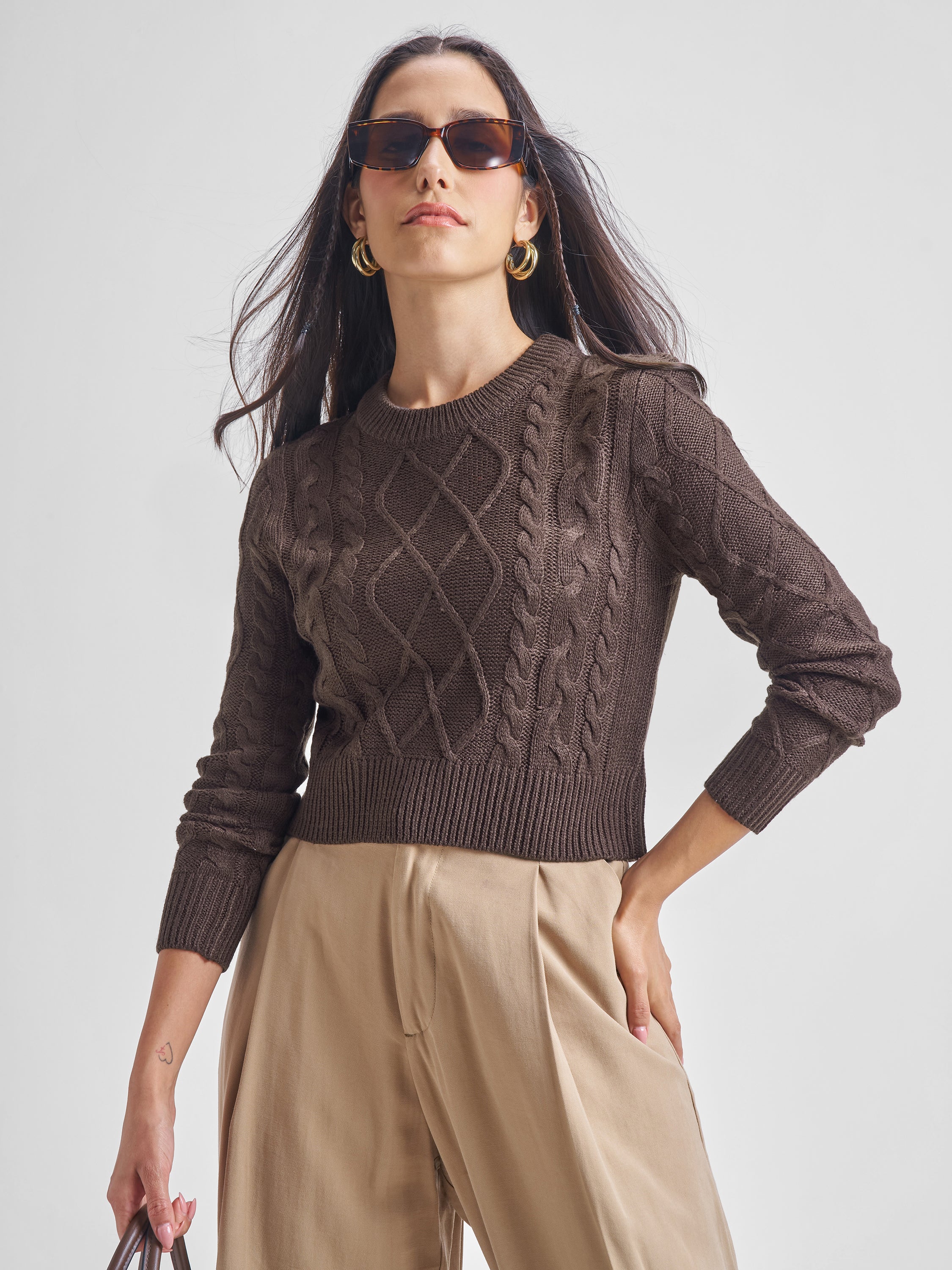 Tokyo Talkies Women Brown Round Neck Cropped Sweater - Brown - Image 1