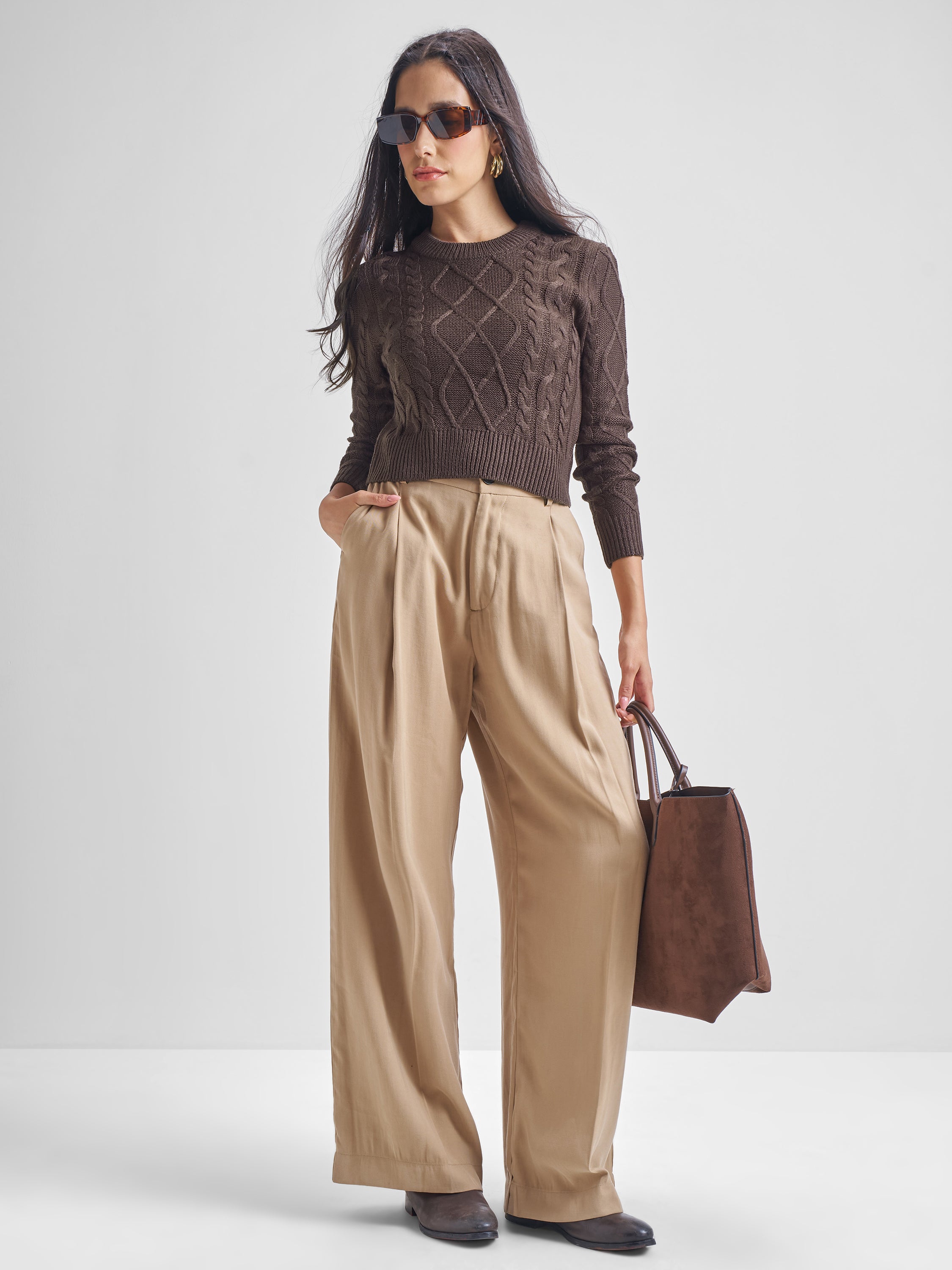 Tokyo Talkies Women Brown Round Neck Cropped Sweater - Brown - Image 2