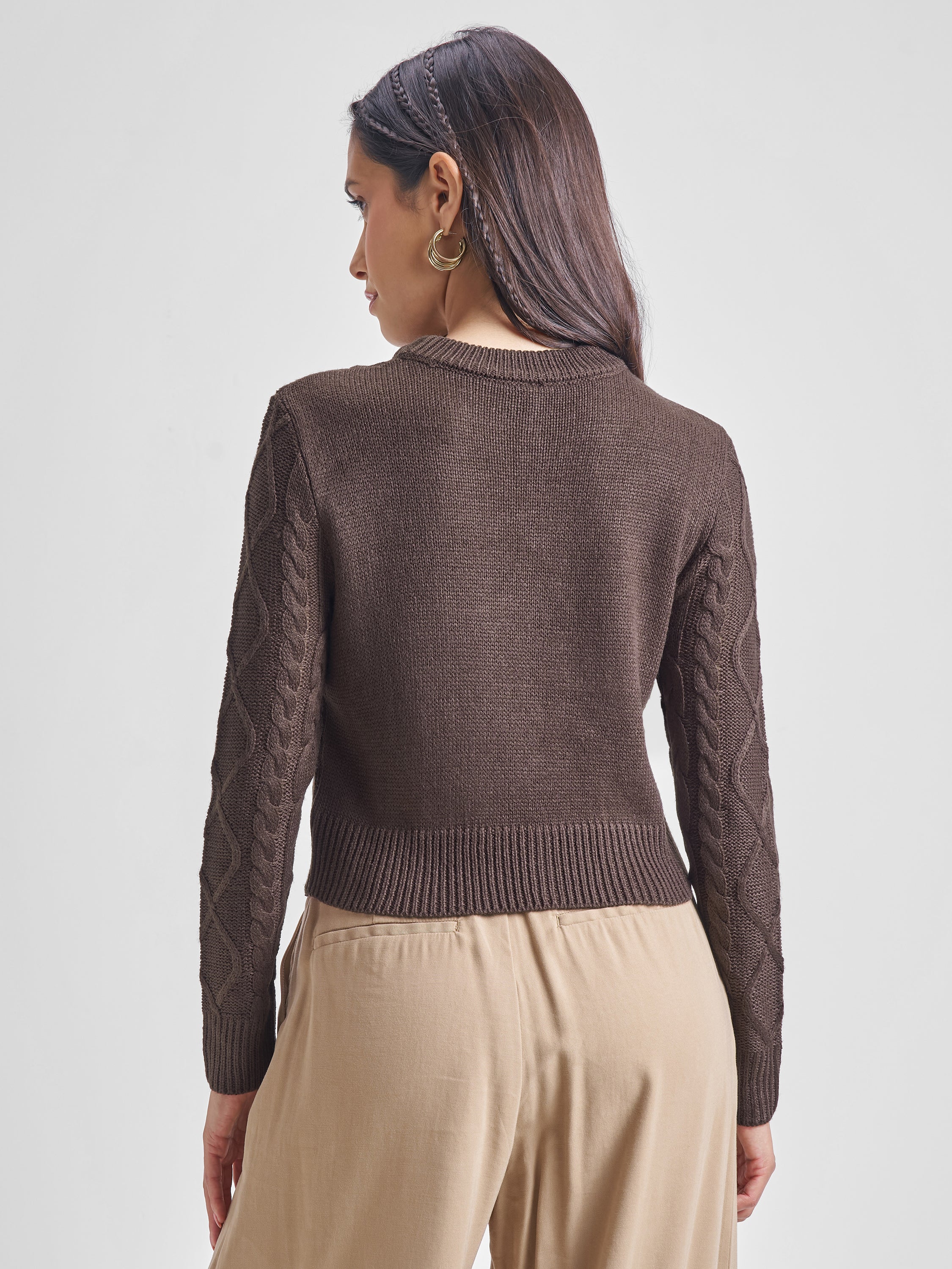 Tokyo Talkies Women Brown Round Neck Cropped Sweater - Brown - Image 3