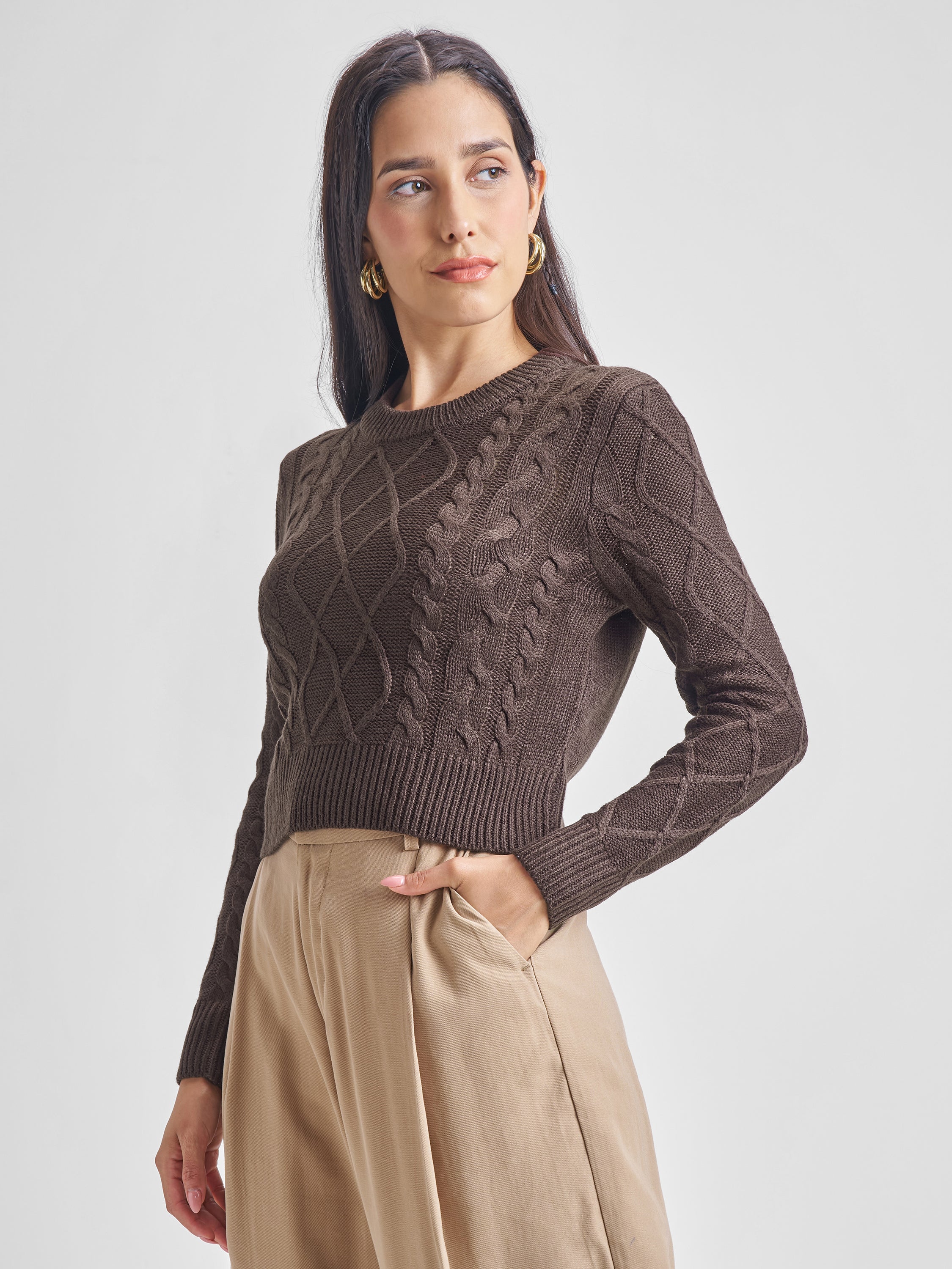Tokyo Talkies Women Brown Round Neck Cropped Sweater - Brown - Image 4