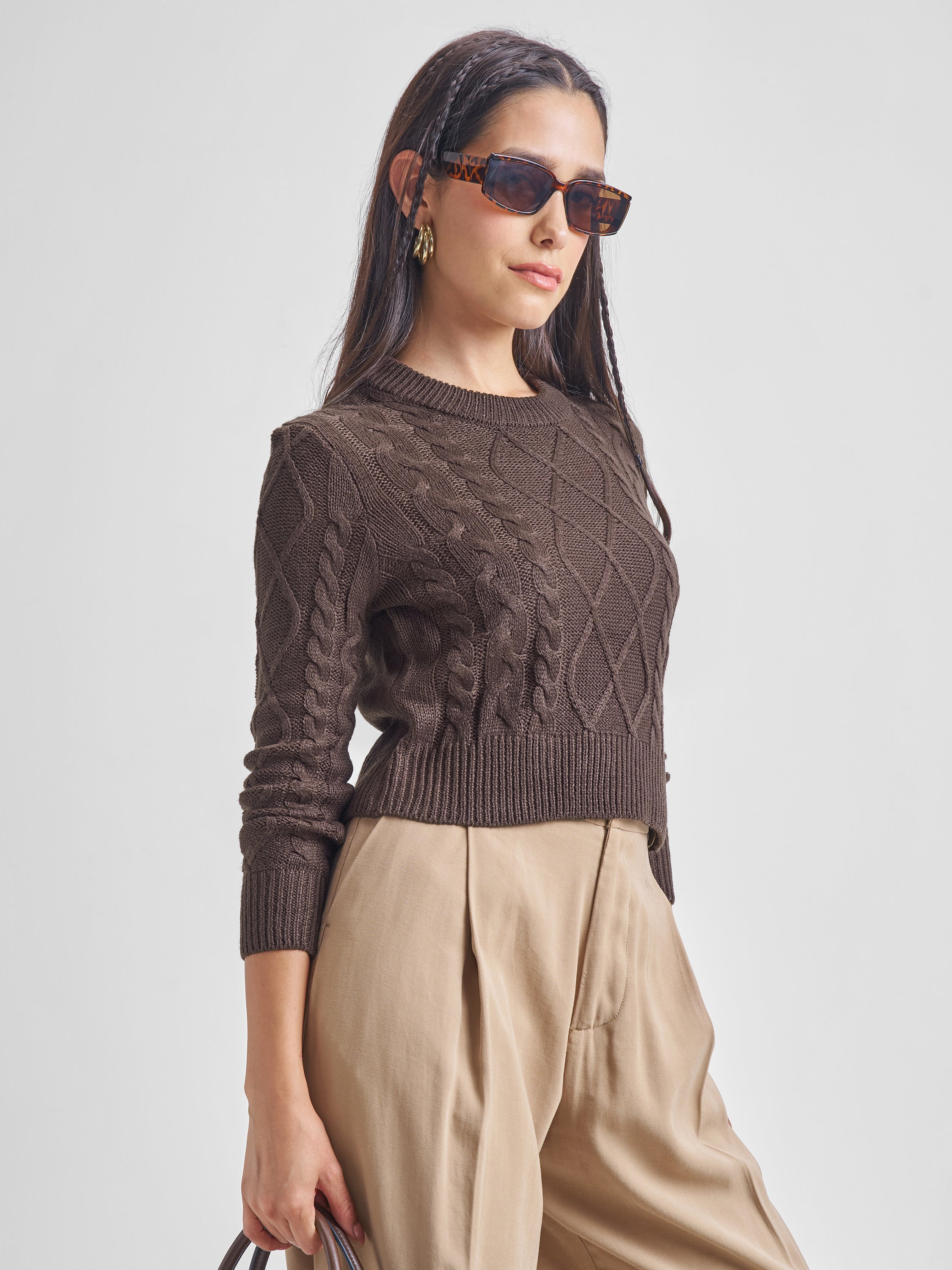 Tokyo Talkies Women Brown Round Neck Cropped Sweater - Brown - Image 6