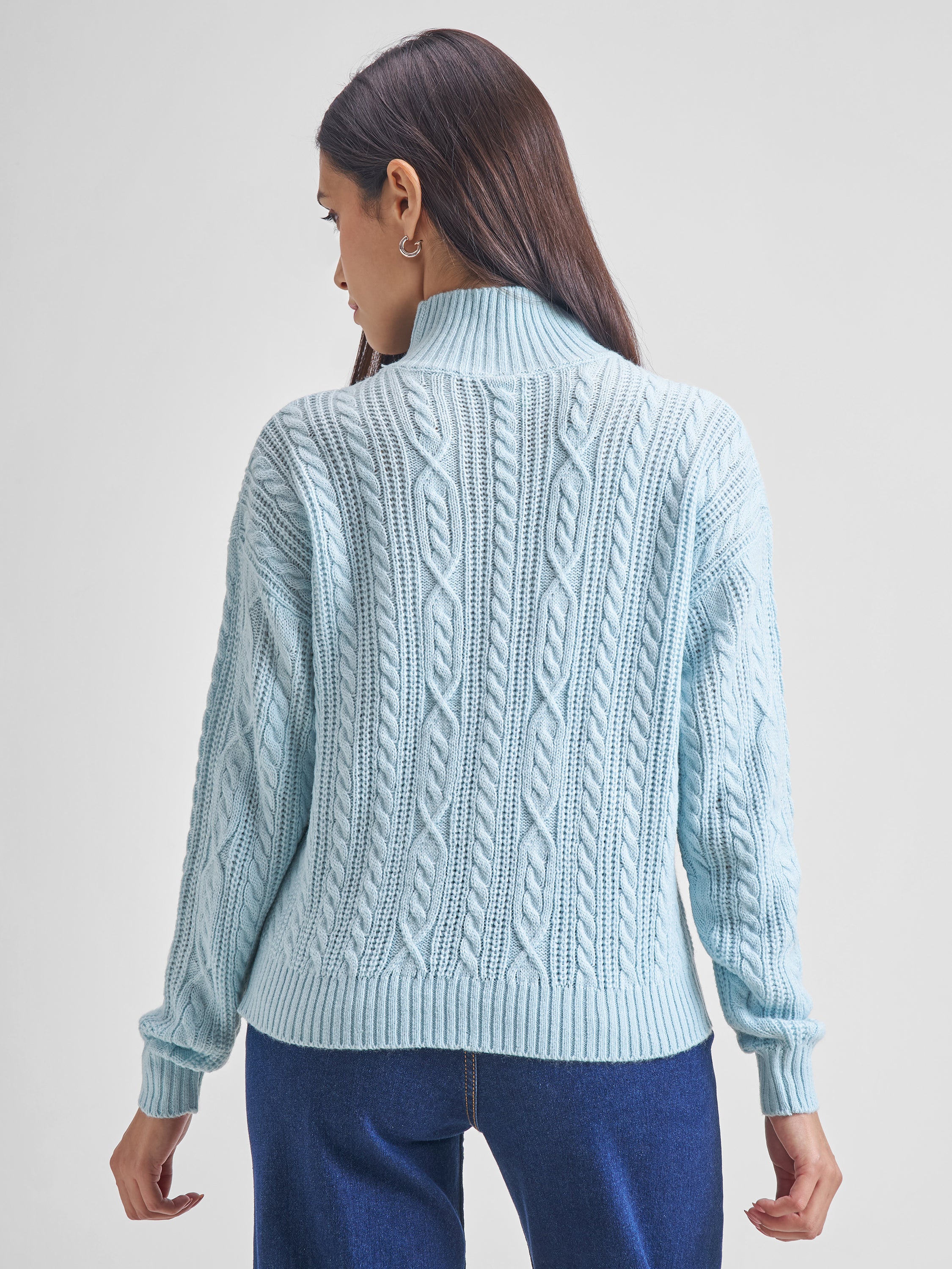 Tokyo Talkies Women Blue Round Neck Solid Sweater - Blue - Image 3