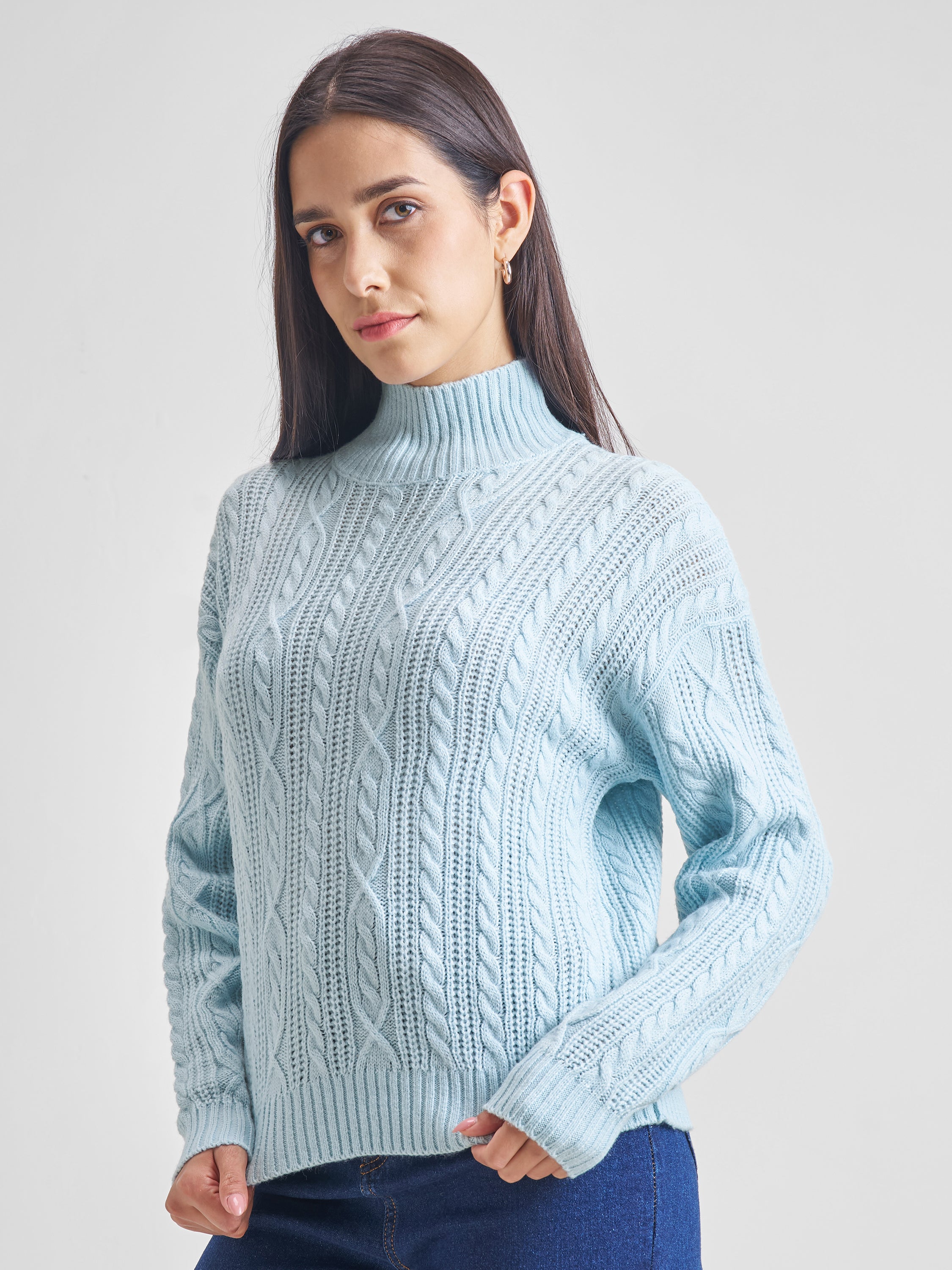 Tokyo Talkies Women Blue Round Neck Solid Sweater - Blue - Image 4