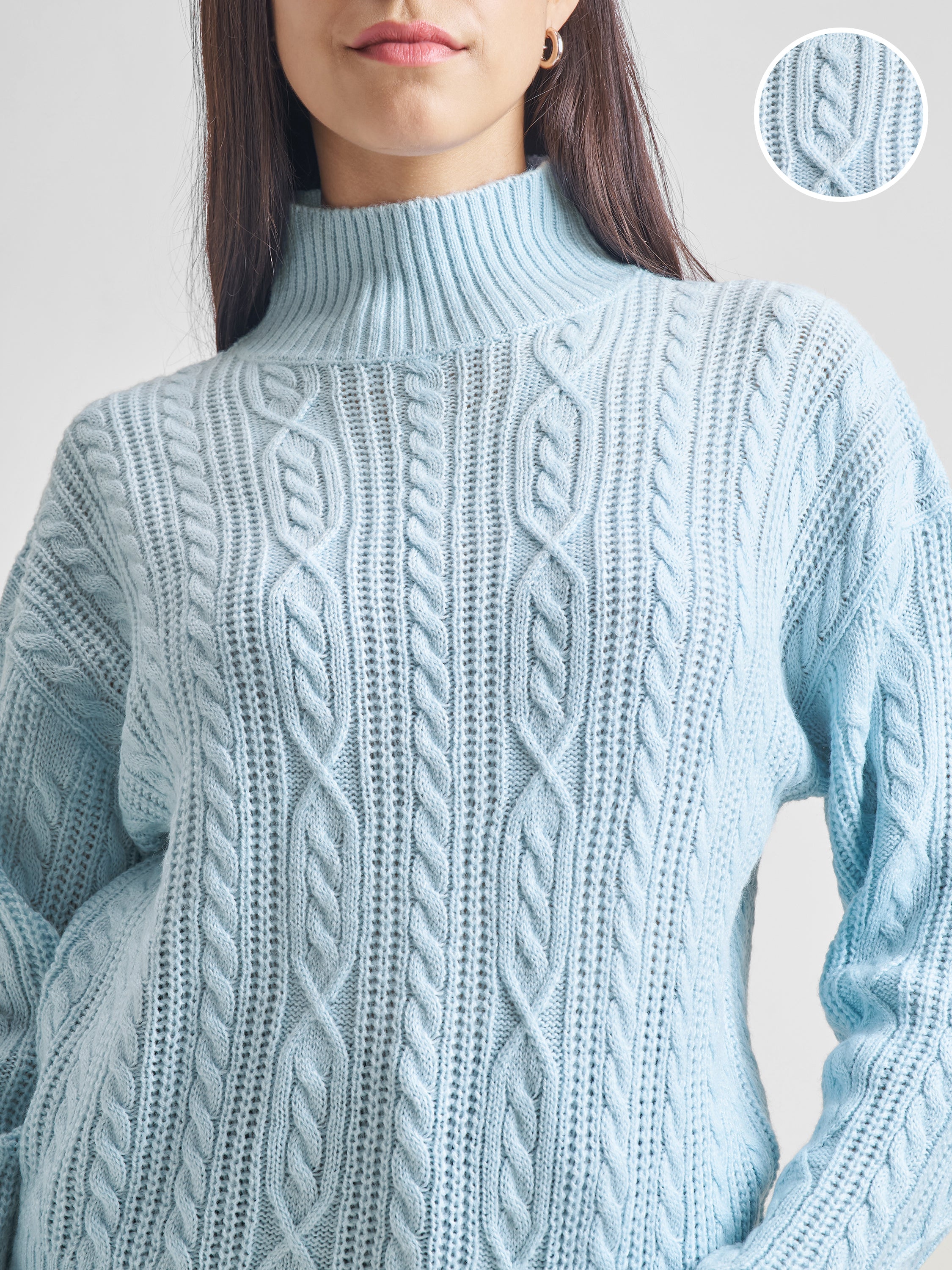 Tokyo Talkies Women Blue Round Neck Solid Sweater - Blue - Image 5