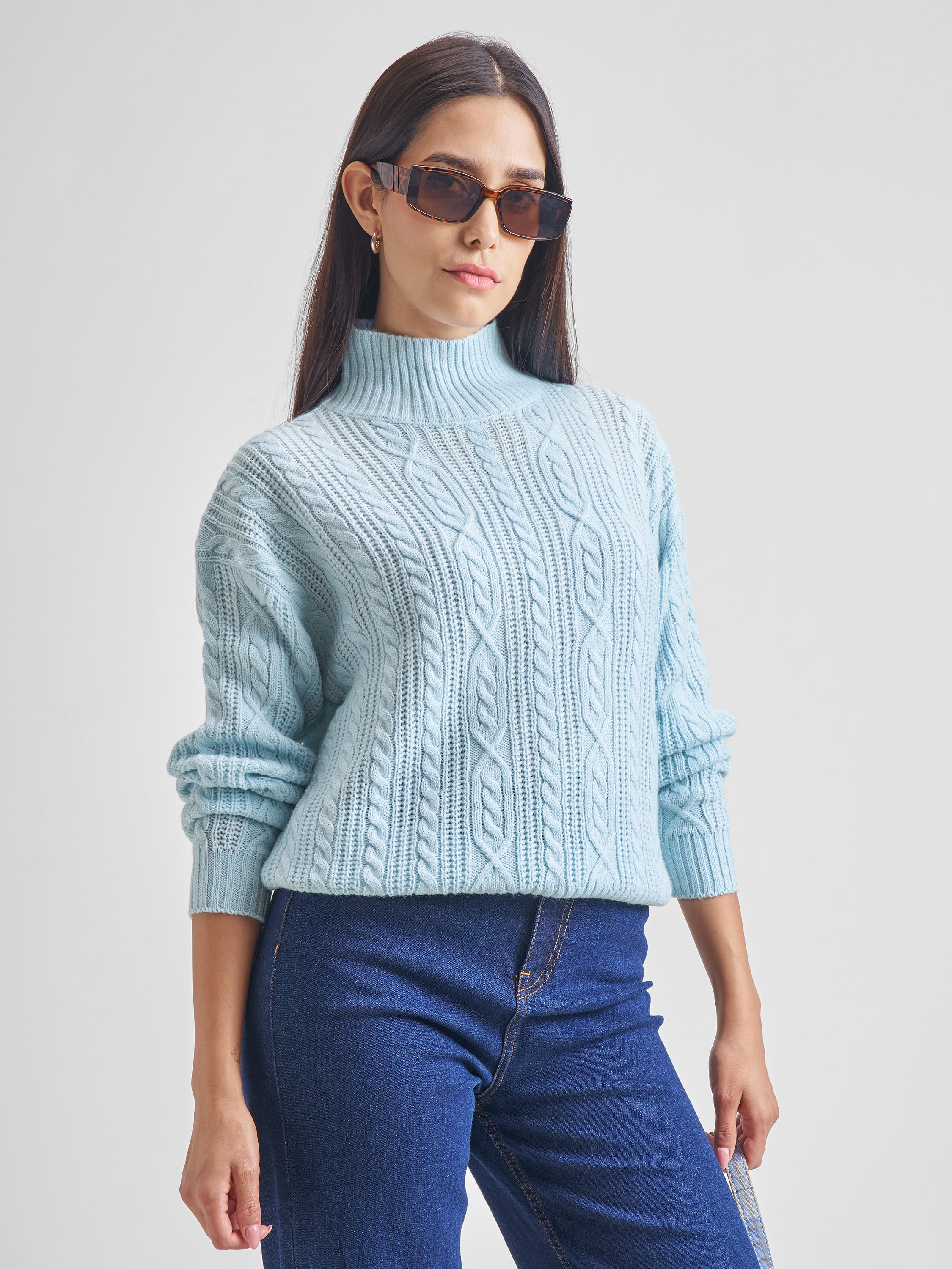 Tokyo Talkies Women Blue Round Neck Solid Sweater - Blue - Image 6