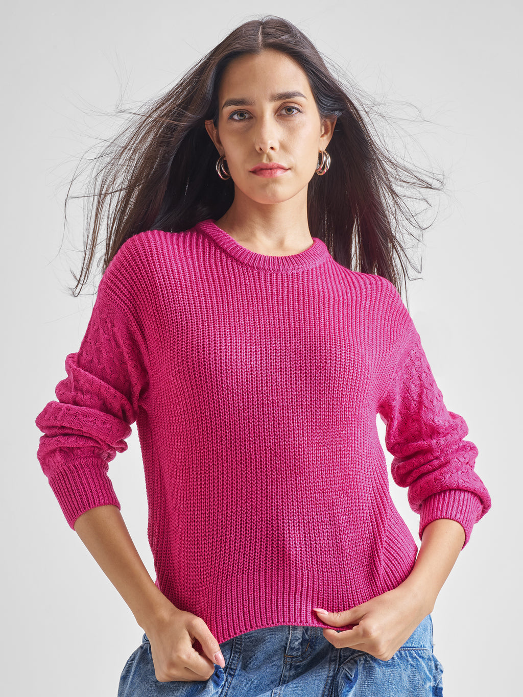 Tokyo Talkies Women Fuchsia Round Neck Long Sleeve Sweater - Pink - Image 1