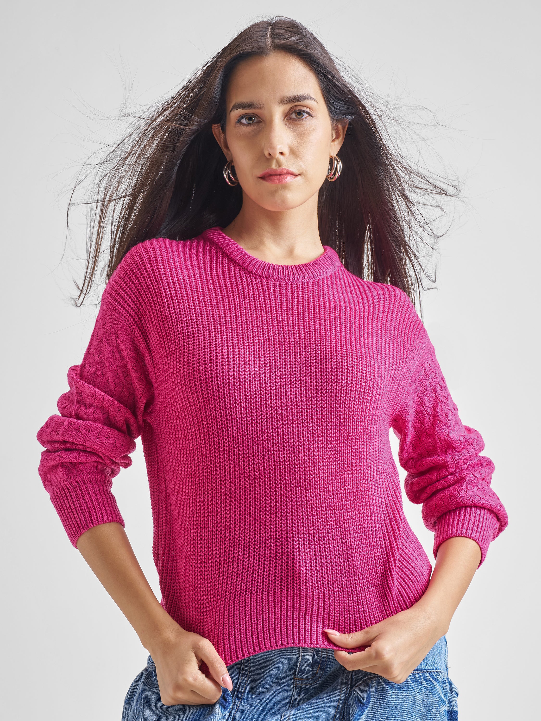 Tokyo Talkies Women Fuchsia Round Neck Long Sleeve Sweater - Pink - Image 1