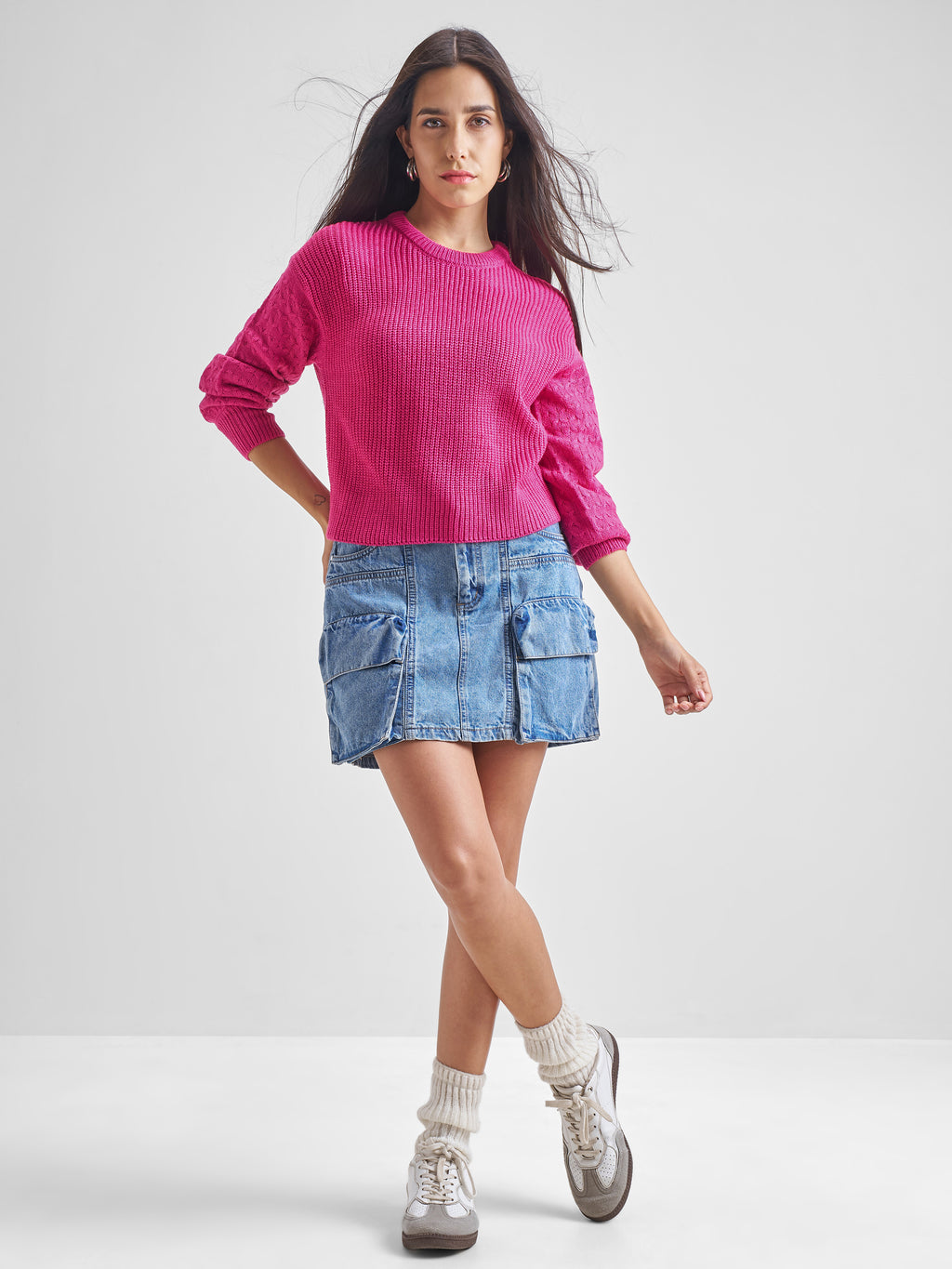 Tokyo Talkies Women Fuchsia Round Neck Long Sleeve Sweater - Pink - Image 2