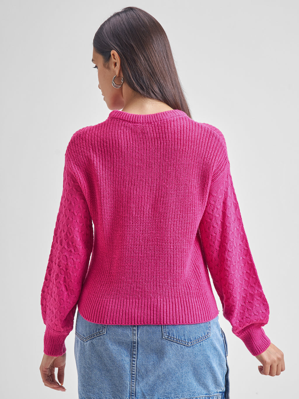 Tokyo Talkies Women Fuchsia Round Neck Long Sleeve Sweater - Pink - Image 3