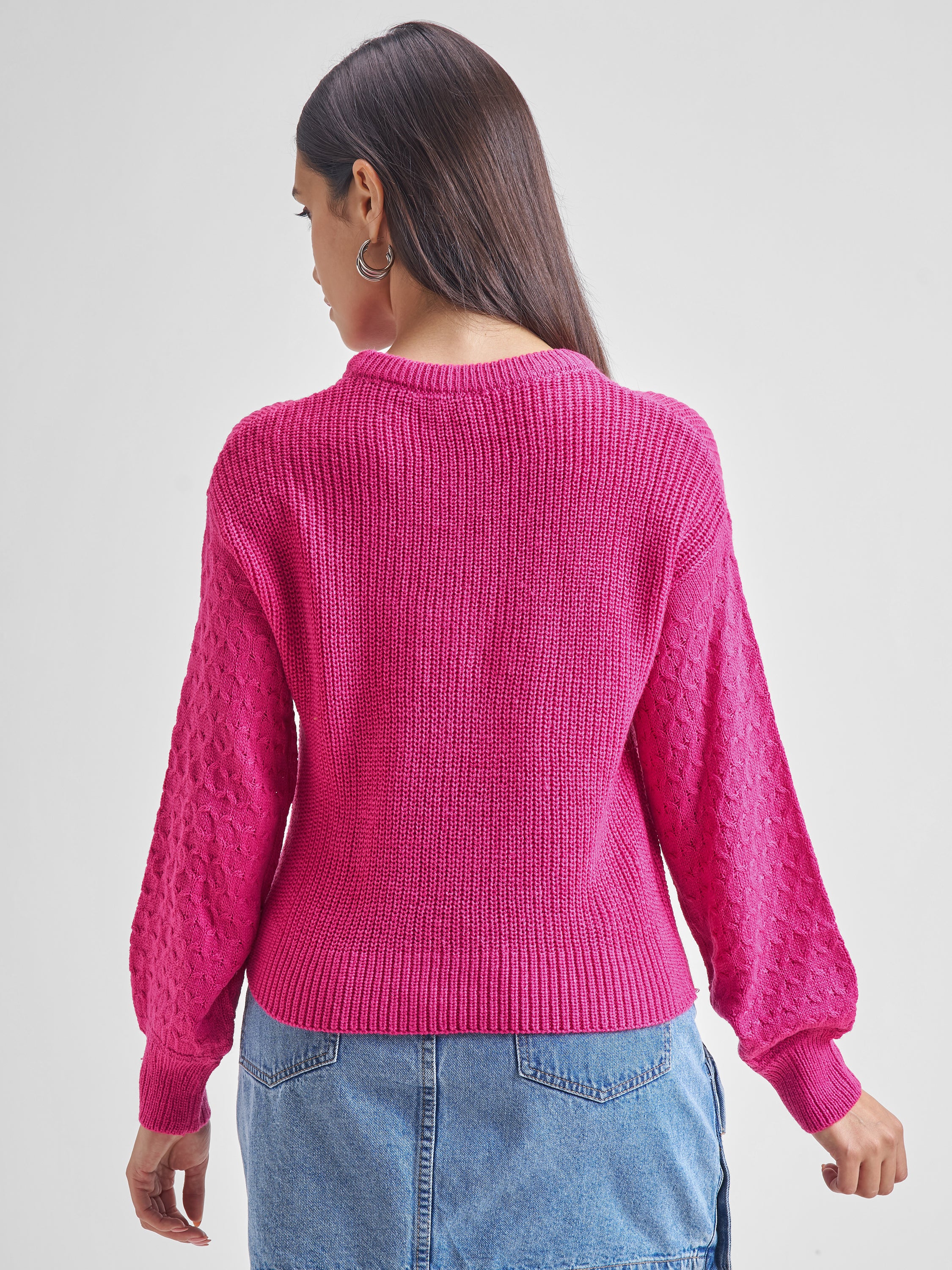 Tokyo Talkies Women Fuchsia Round Neck Long Sleeve Sweater - Pink - Image 3