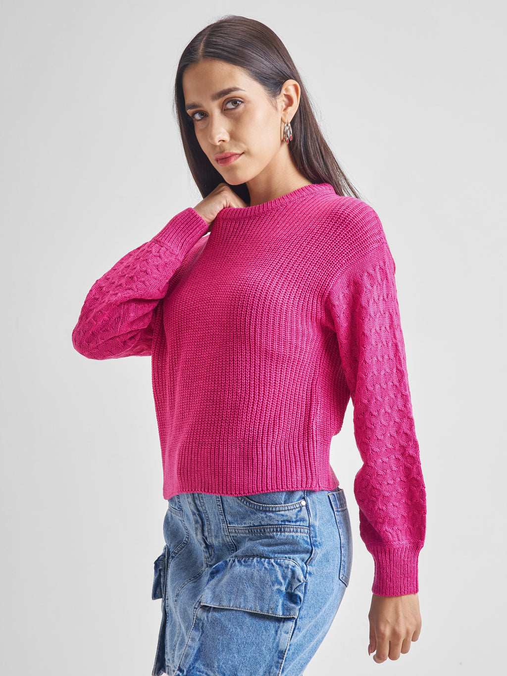 Tokyo Talkies Women Fuchsia Round Neck Long Sleeve Sweater - Pink - Image 4
