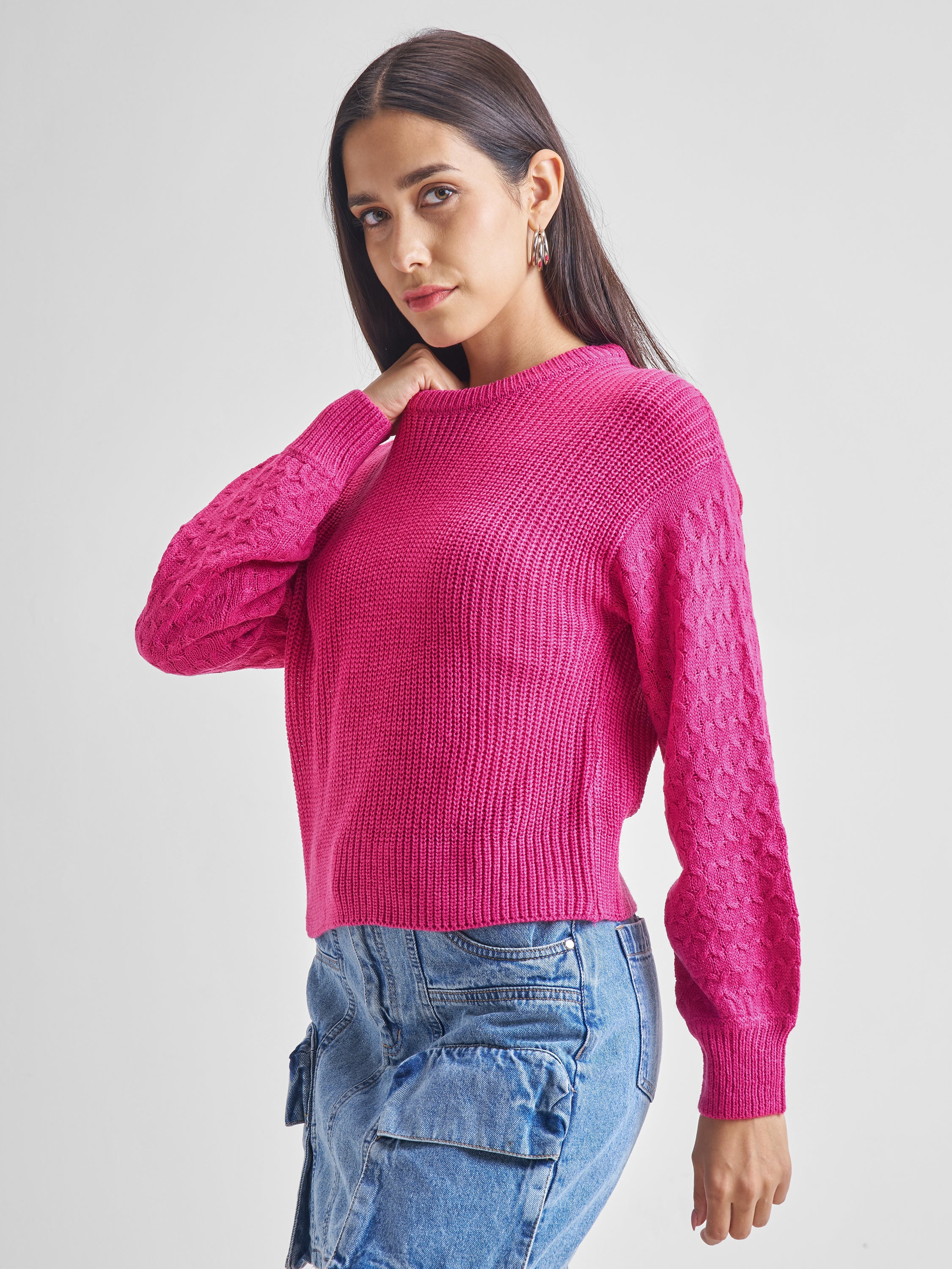 Tokyo Talkies Women Fuchsia Round Neck Long Sleeve Sweater - Pink - Image 4